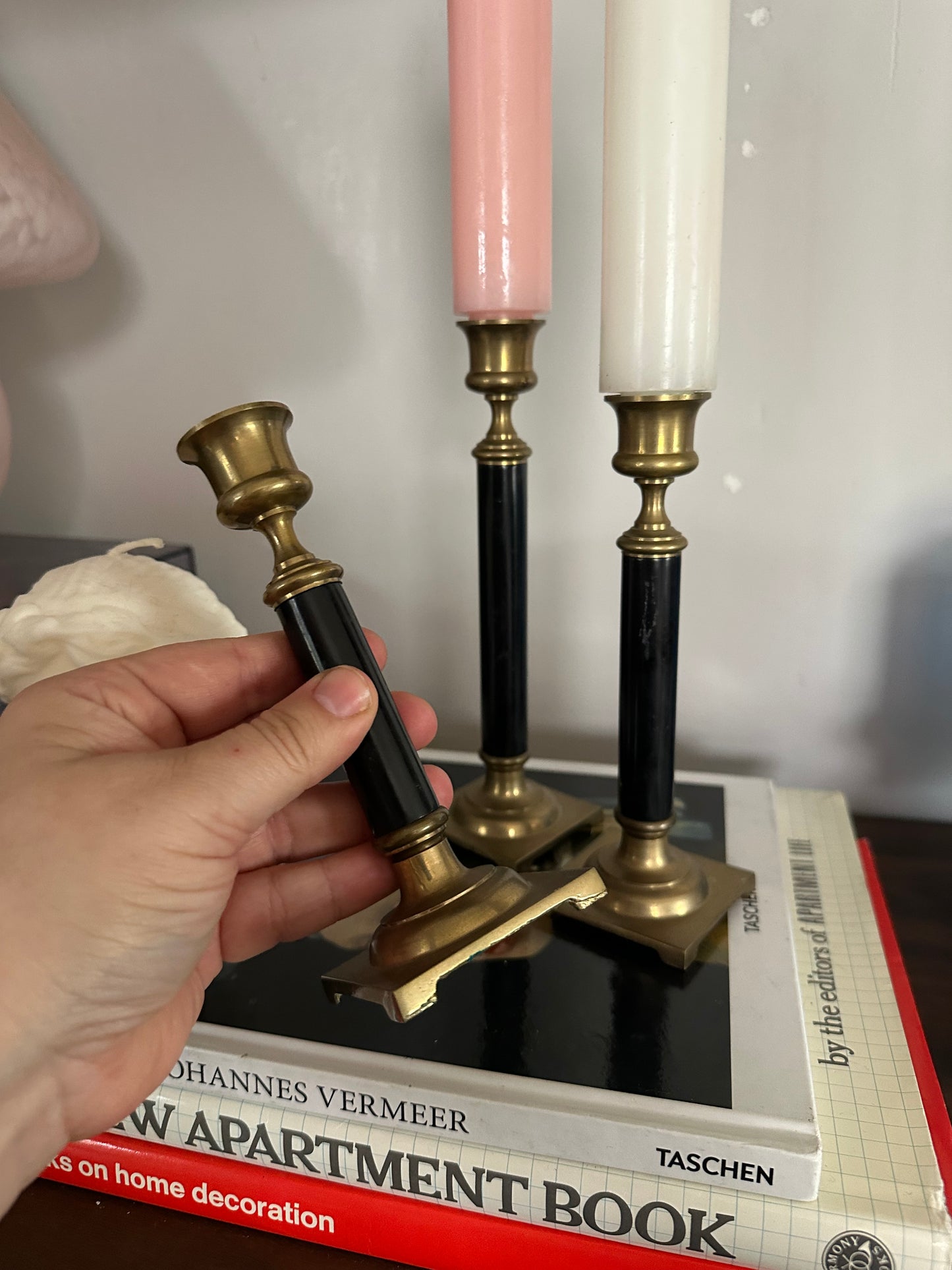 Beautiful Vintage Set of Three Solid Brass Candlesticks - Enameled Centers