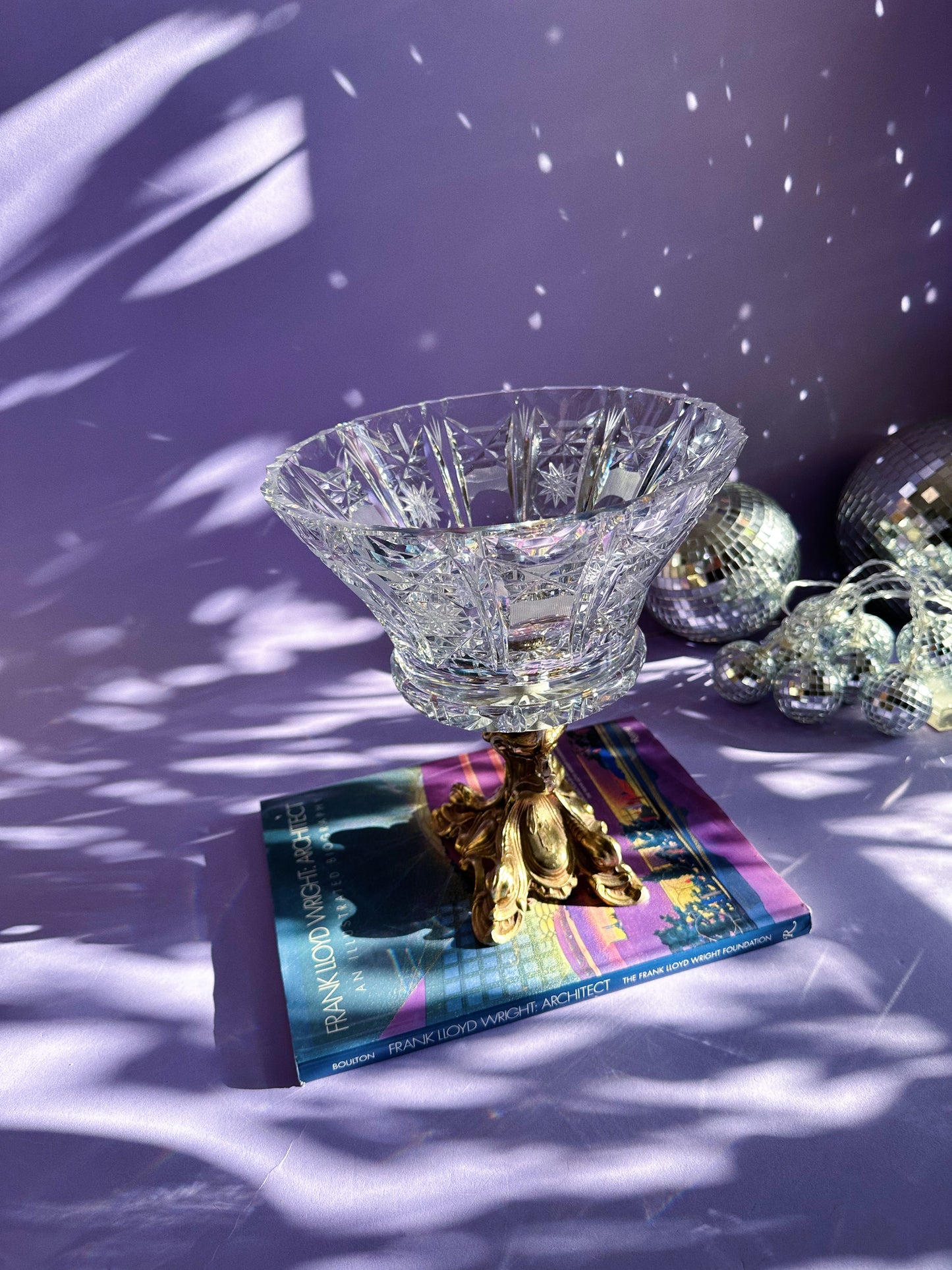 L&L Cut Glass Pedestal Centerpiece Bowl Bronze Brass 9 1/8 X 8 1/2"