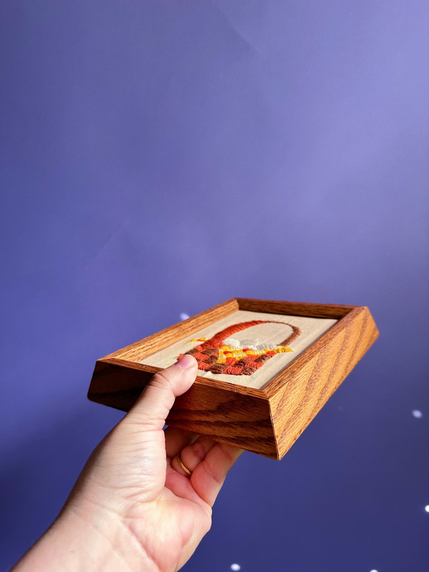 Small Wood Framed Basket of Eggs Crewel