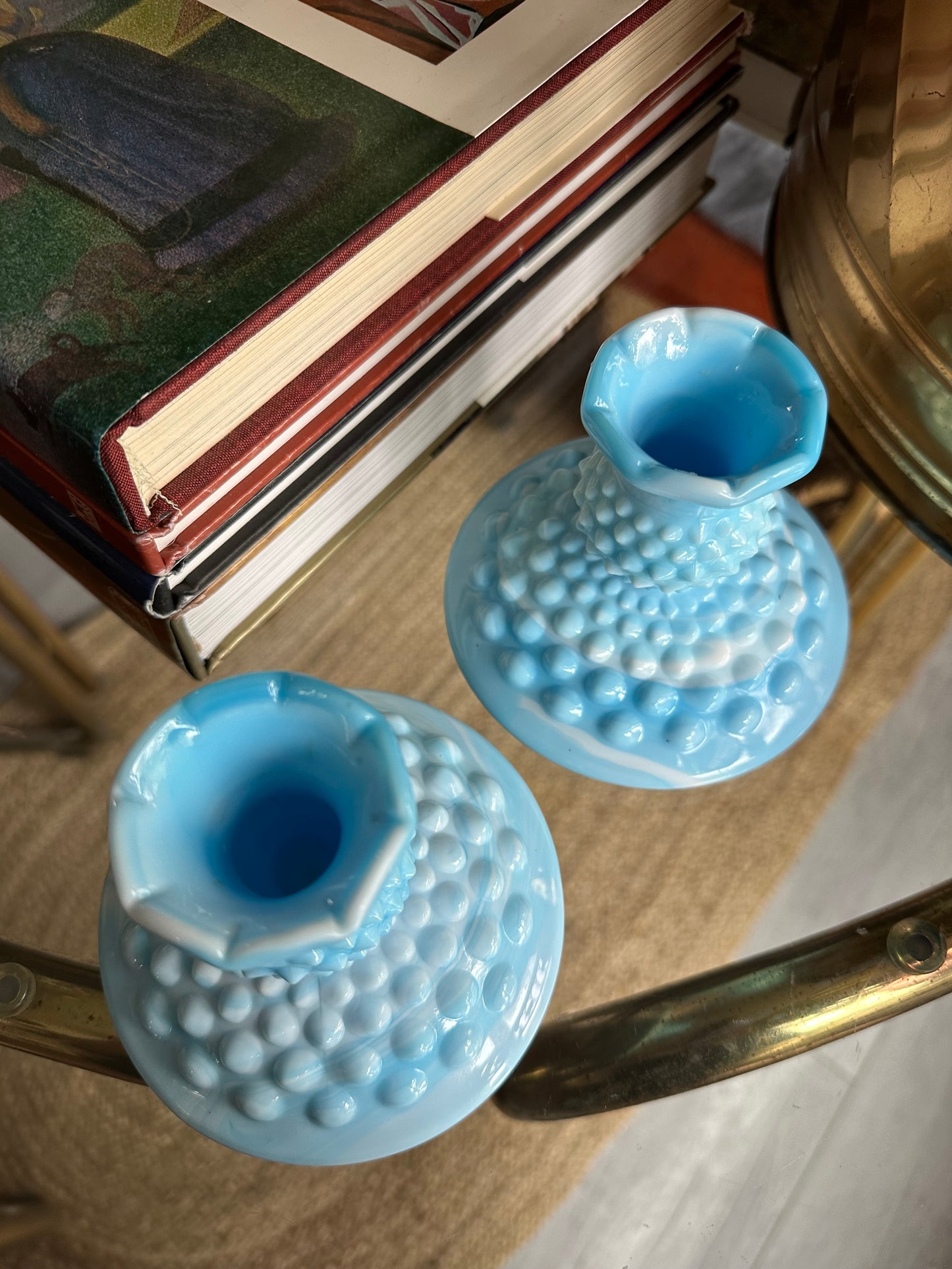 Vintage Fenton Blue Hobnail Glass Candlestick Pair Slag Glass