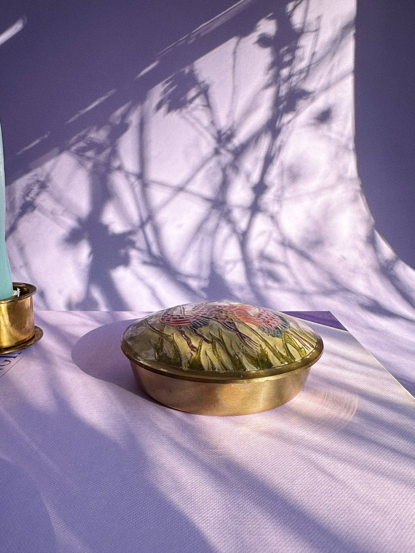 Lidded Enamel Crane & Solid Brass Lidded Trinket Box