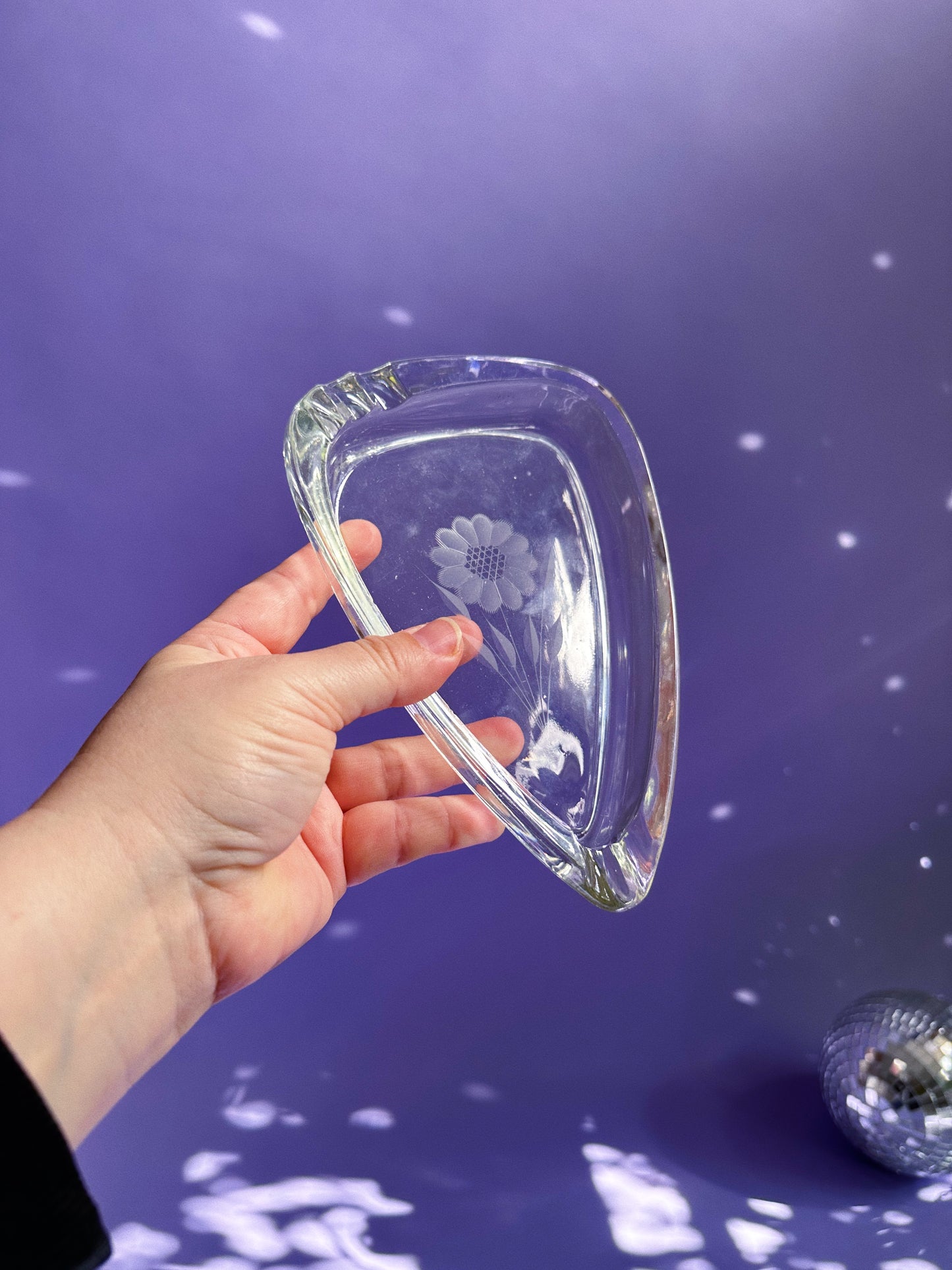 Sweet Vintage Crystal Triangle Floral Etched Ashtray / Throw Dish