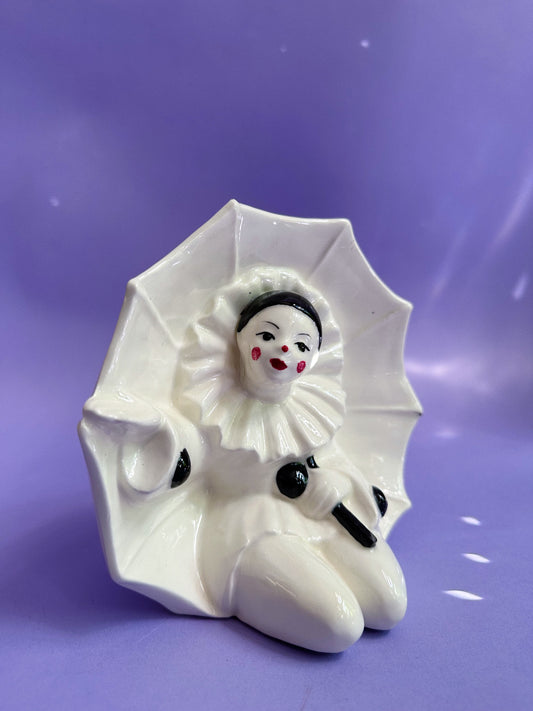 Vintage Porcelain Pierrot Clown Figurine Holding Umbrella Handpainted