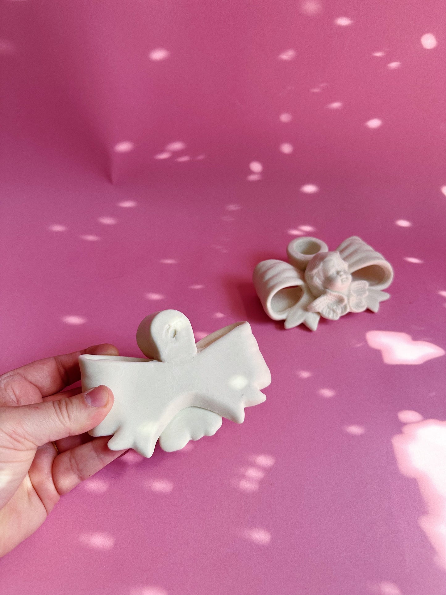 Vintage White Porcelain Cherub & Bow Candlesticks for Taper Candles