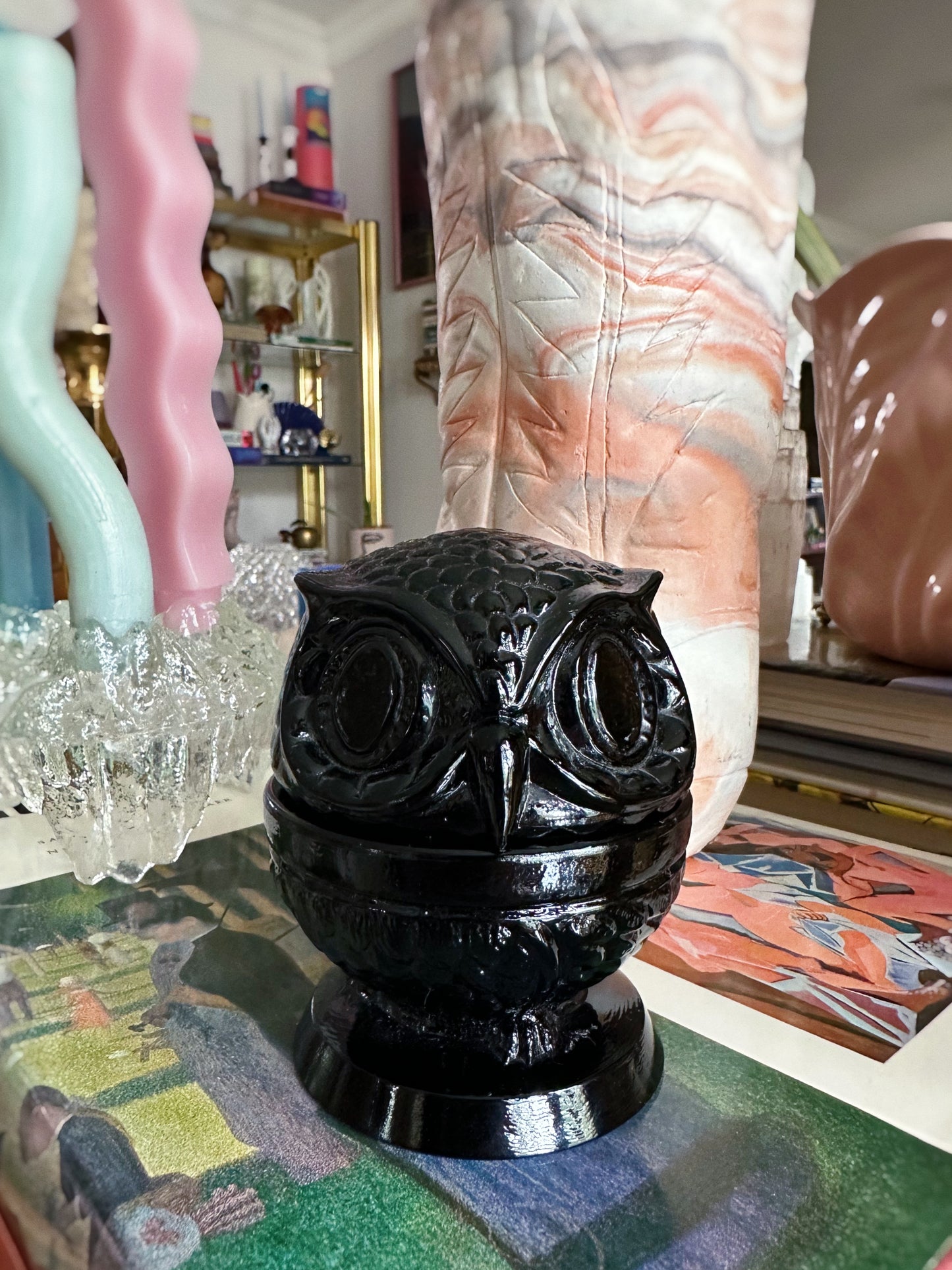 Vintage Fenton Glass Wise Owl Decision Maker Black Trinket Dish – Swivel Head