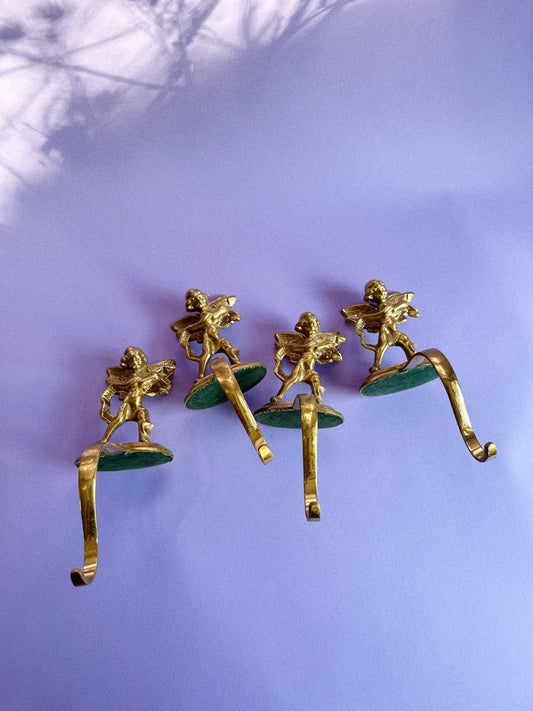 Vintage Solid Brass Cherub Stocking Mantlepiece Hangers