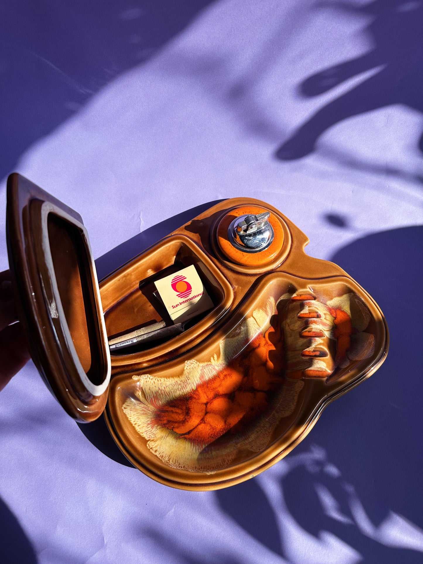 Vintage MCM Ceramic Drip Glazed Large Orange Ashtray Stashtray and Lighter