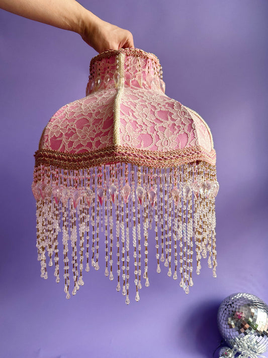 Pair of Victorian French Large Lamp Shade Lace "Blush" Pink Bead Fringe Scallop