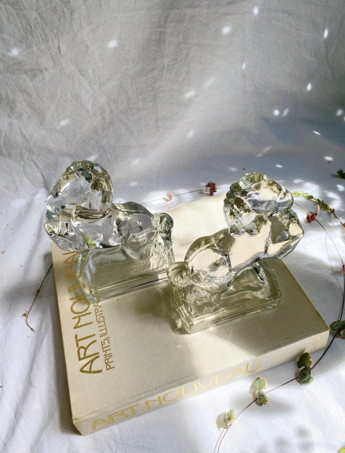 Heavy Clear Glass Vintage Rearing Horse Bookends