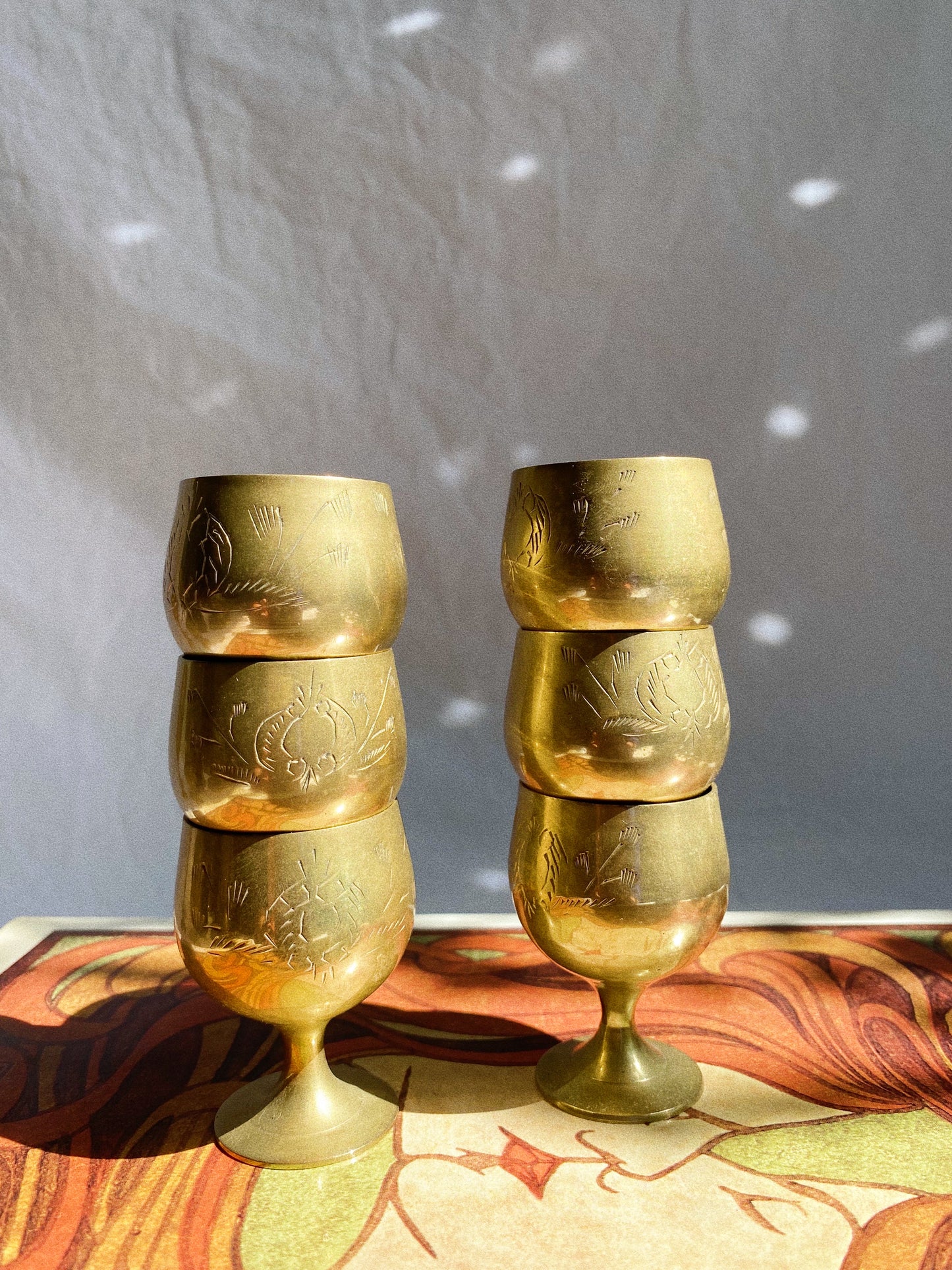 Set of 6 Vintage Etched Brass Footed Shot / Liquor Glasses