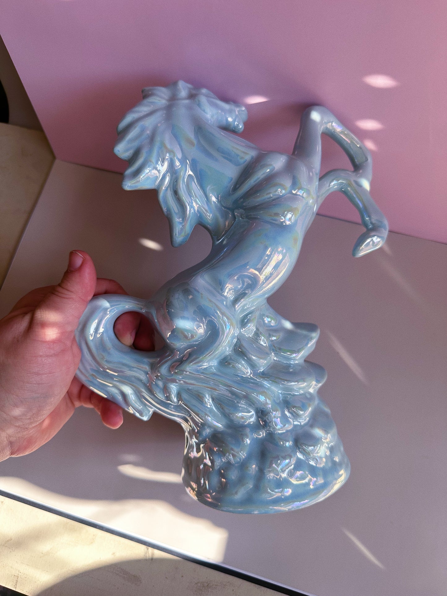 Vintage Ceramic Rearing Horse Figurine - Iridescent Light Blue - Portugal