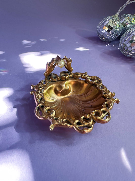 Vintage Gilt Bronze Metal Clam Shaped Dish W Hands and Pearl