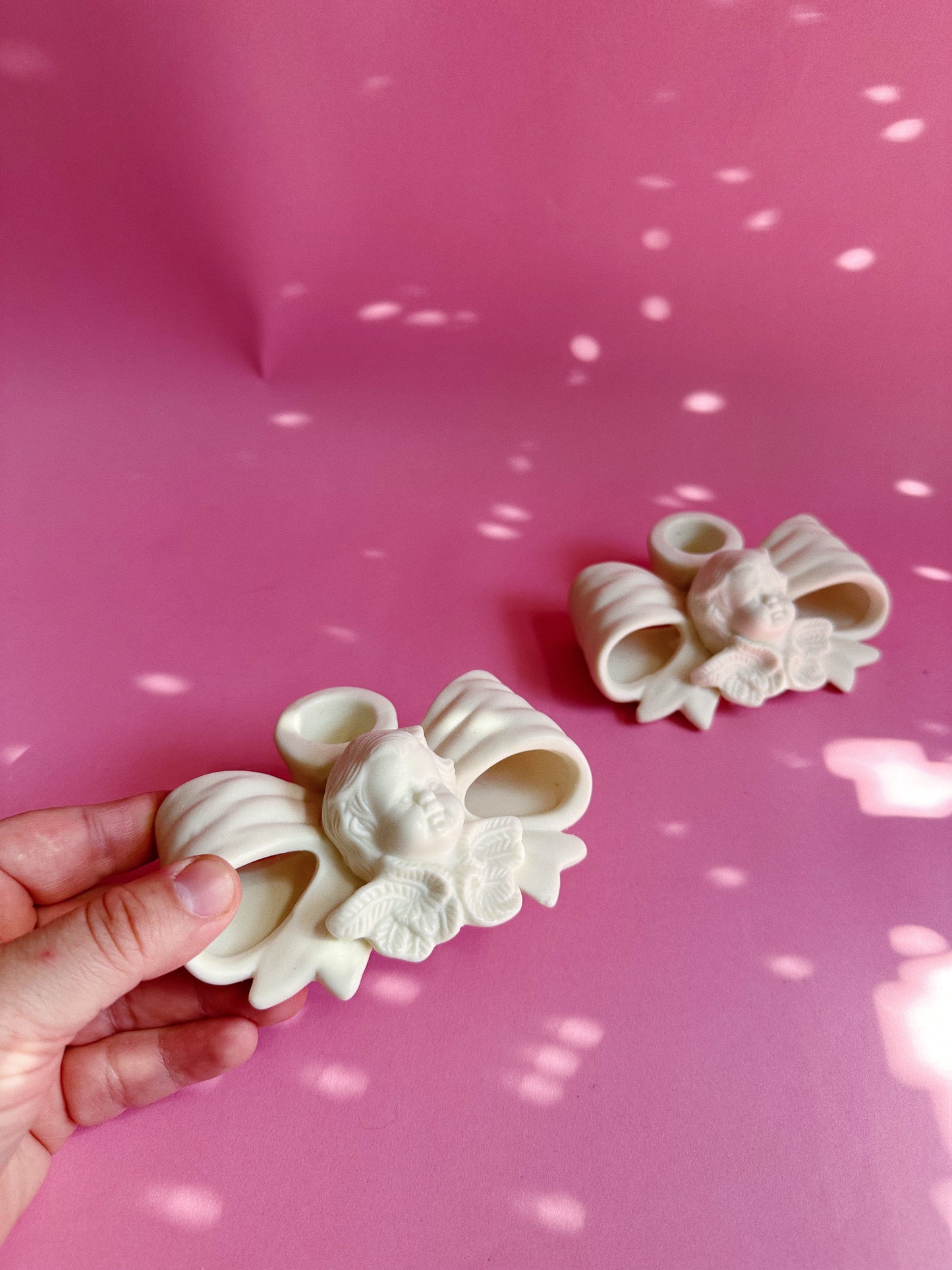 Vintage White Porcelain Cherub & Bow Candlesticks for Taper Candles