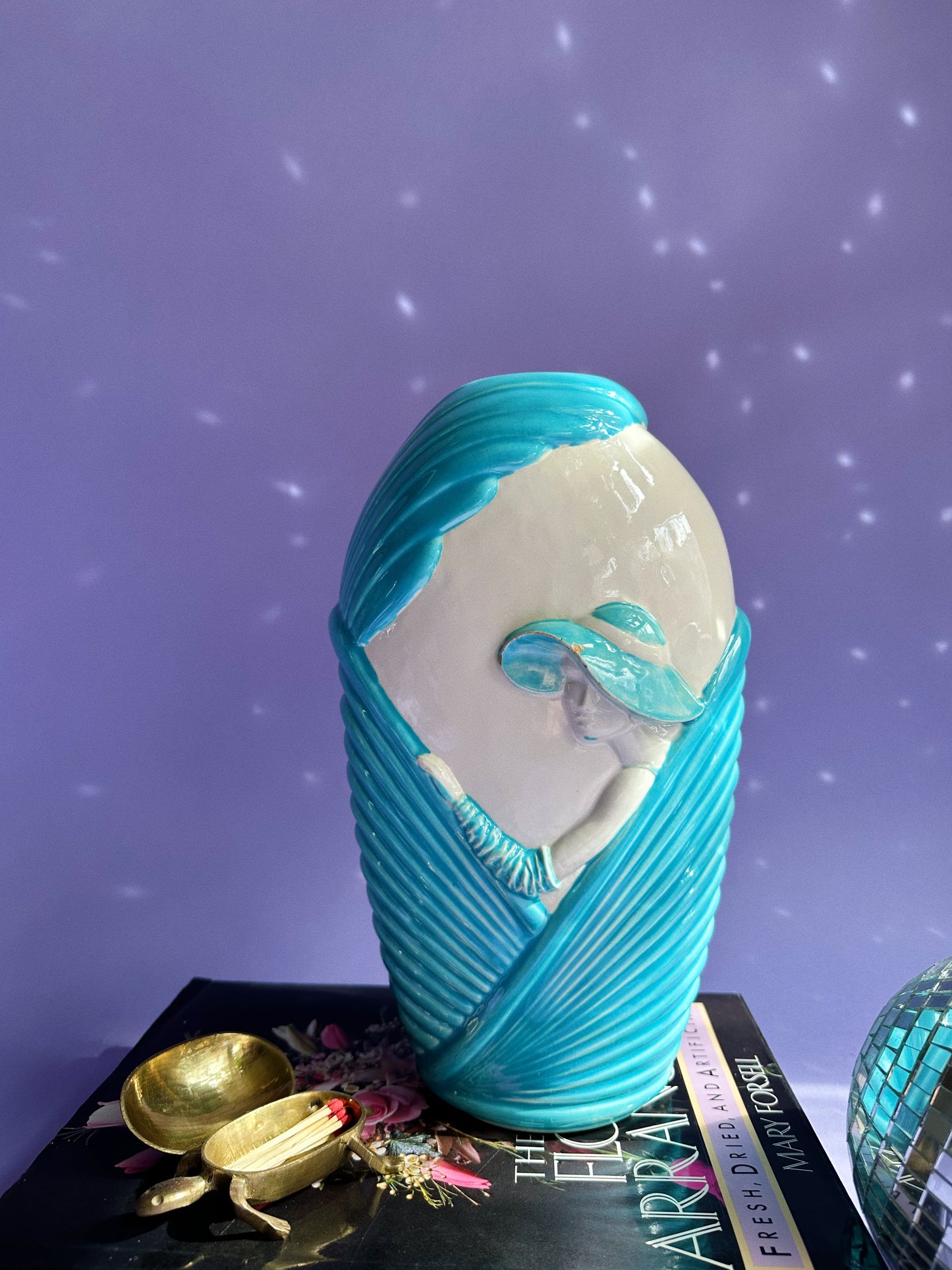 1980s Blue & White Art Deco Revival Ceramic Floral Vase