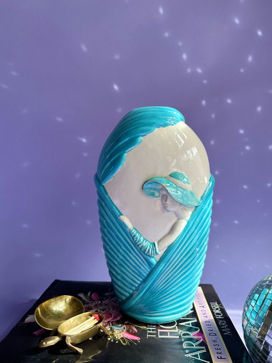 1980s Blue & White Art Deco Revival Ceramic Floral Vase