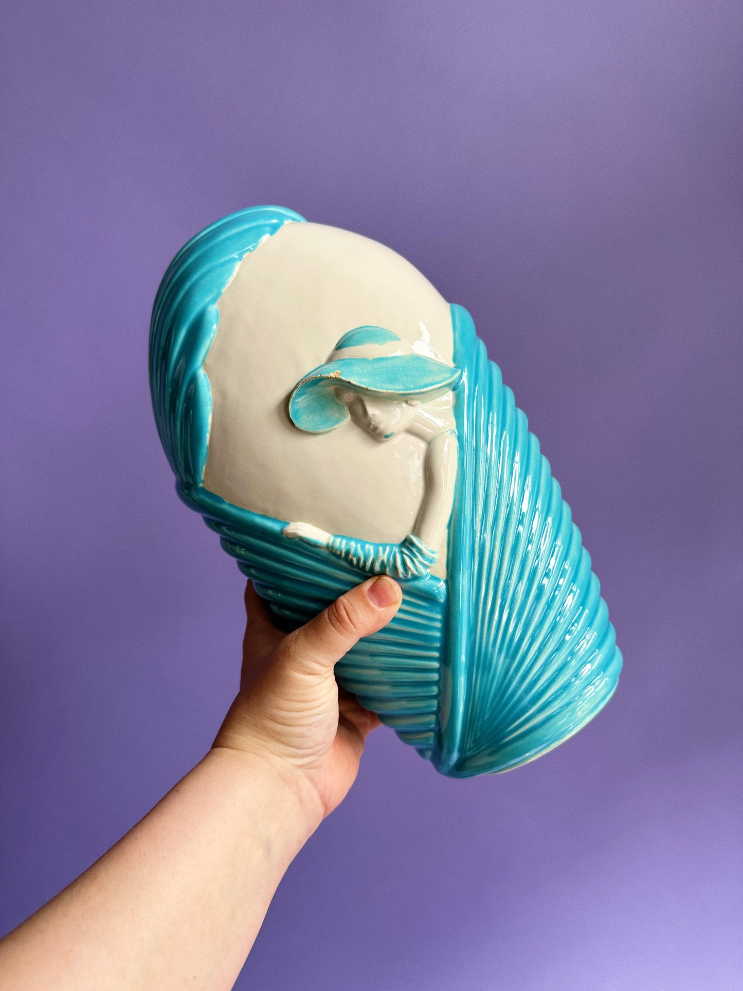 1980s Blue & White Art Deco Revival Ceramic Floral Vase