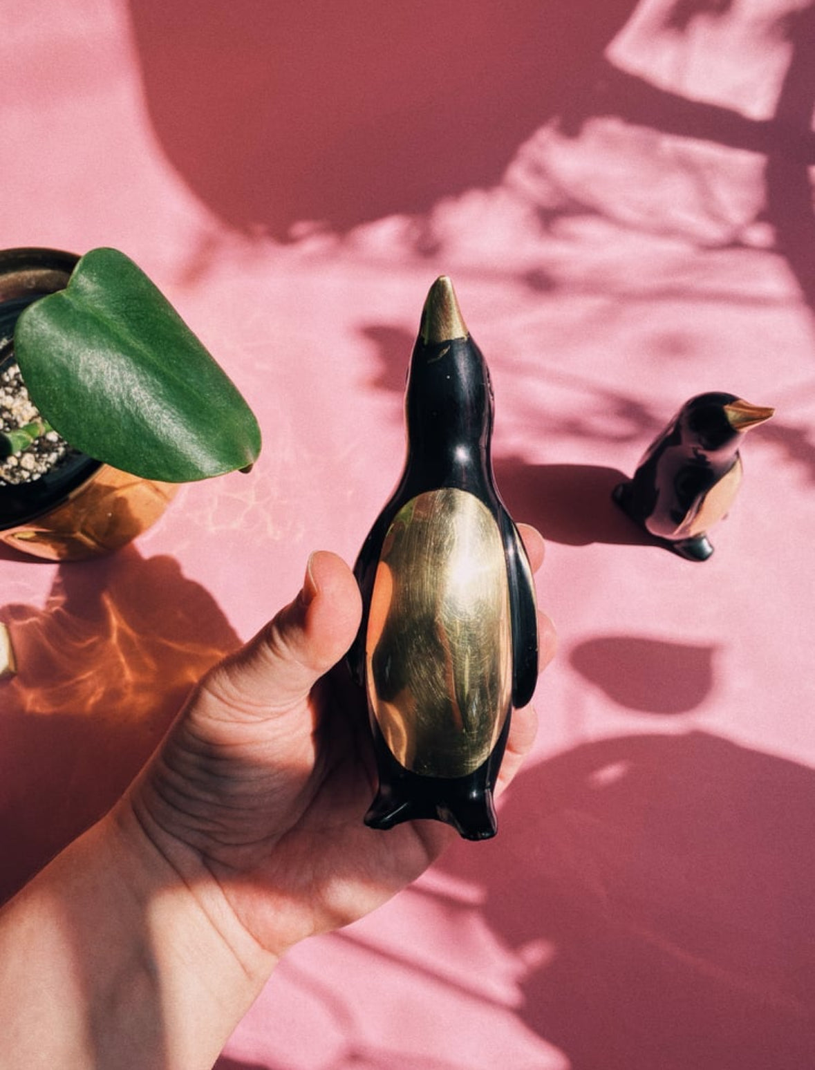 Vintage MCM Solid Brass & Enamel Penguin Figurines