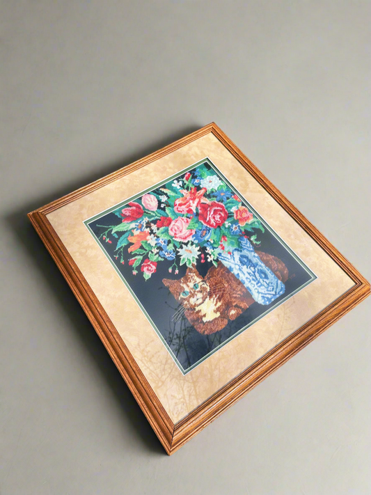 Vintage Framed Needlepoint “Contented Cat" 2413 Orange Tabby Flowers Hallmark