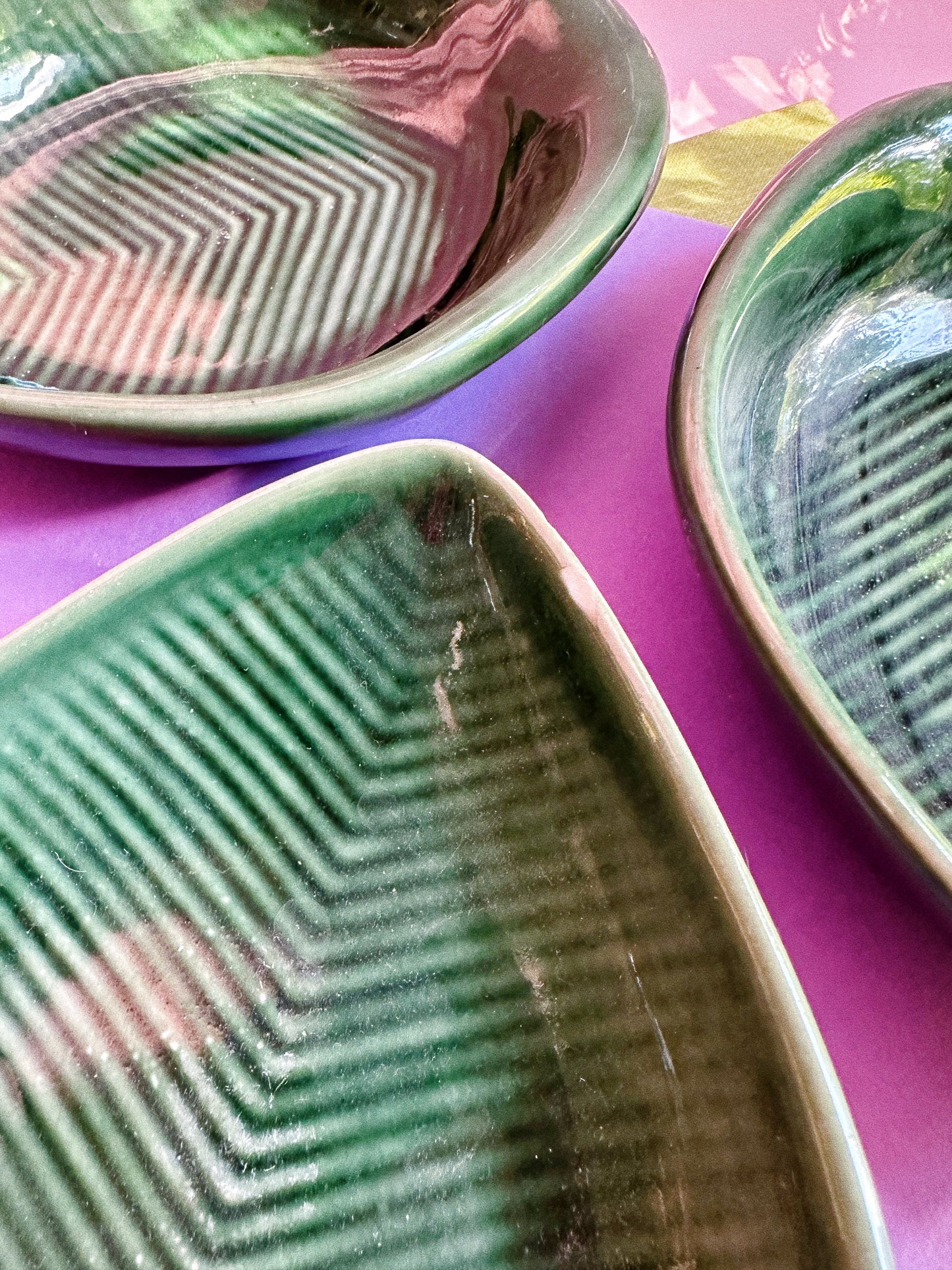 Set of 6 Green Leaf Glazed Pottery Serving Dishes