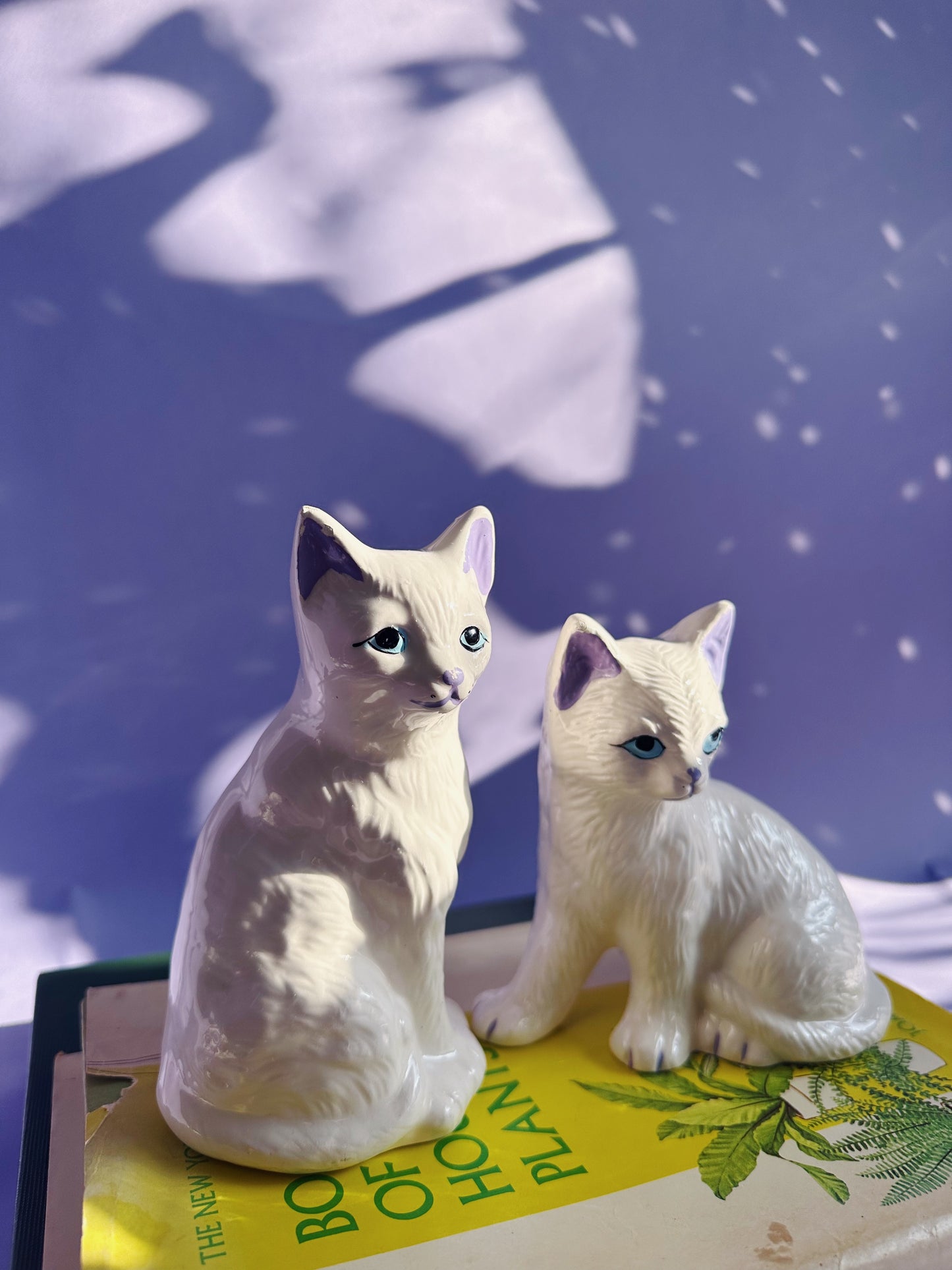 Vintage Pair of Ceramic White Cat Sculptures w Purple Details