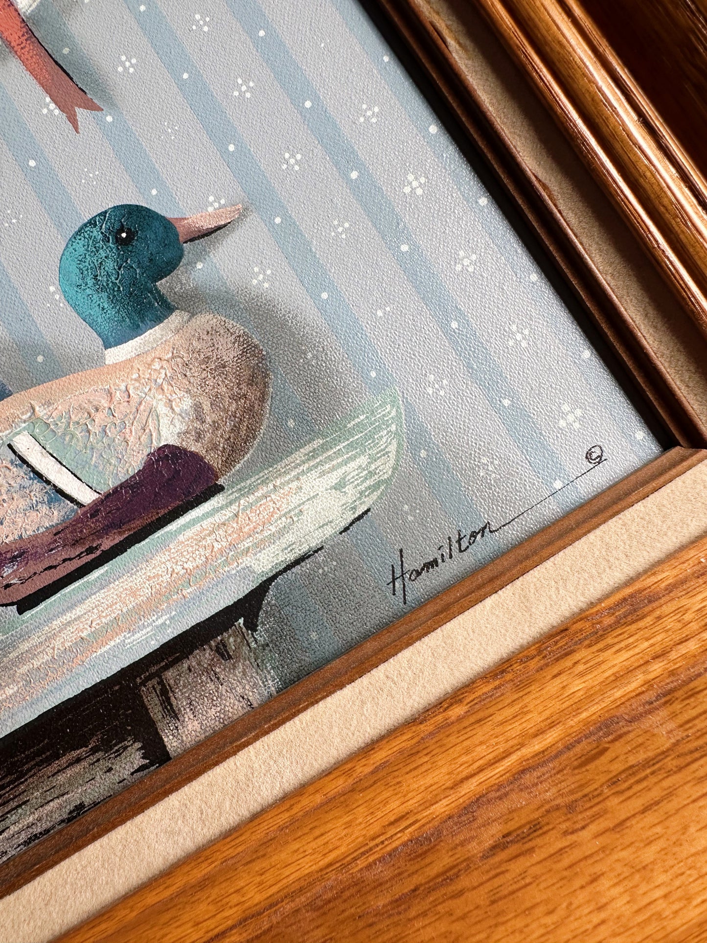 Framed Hamilton Cat & Duck Decoy Oil Painting Folk Country, Cabin Farm House