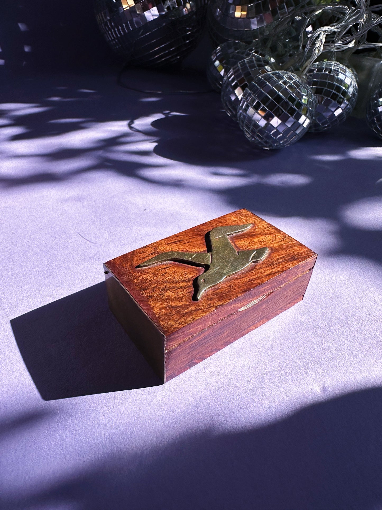 Wood & Brass Small Chest-Shaped Box With Brass Bird Inlay For Pills / Matches