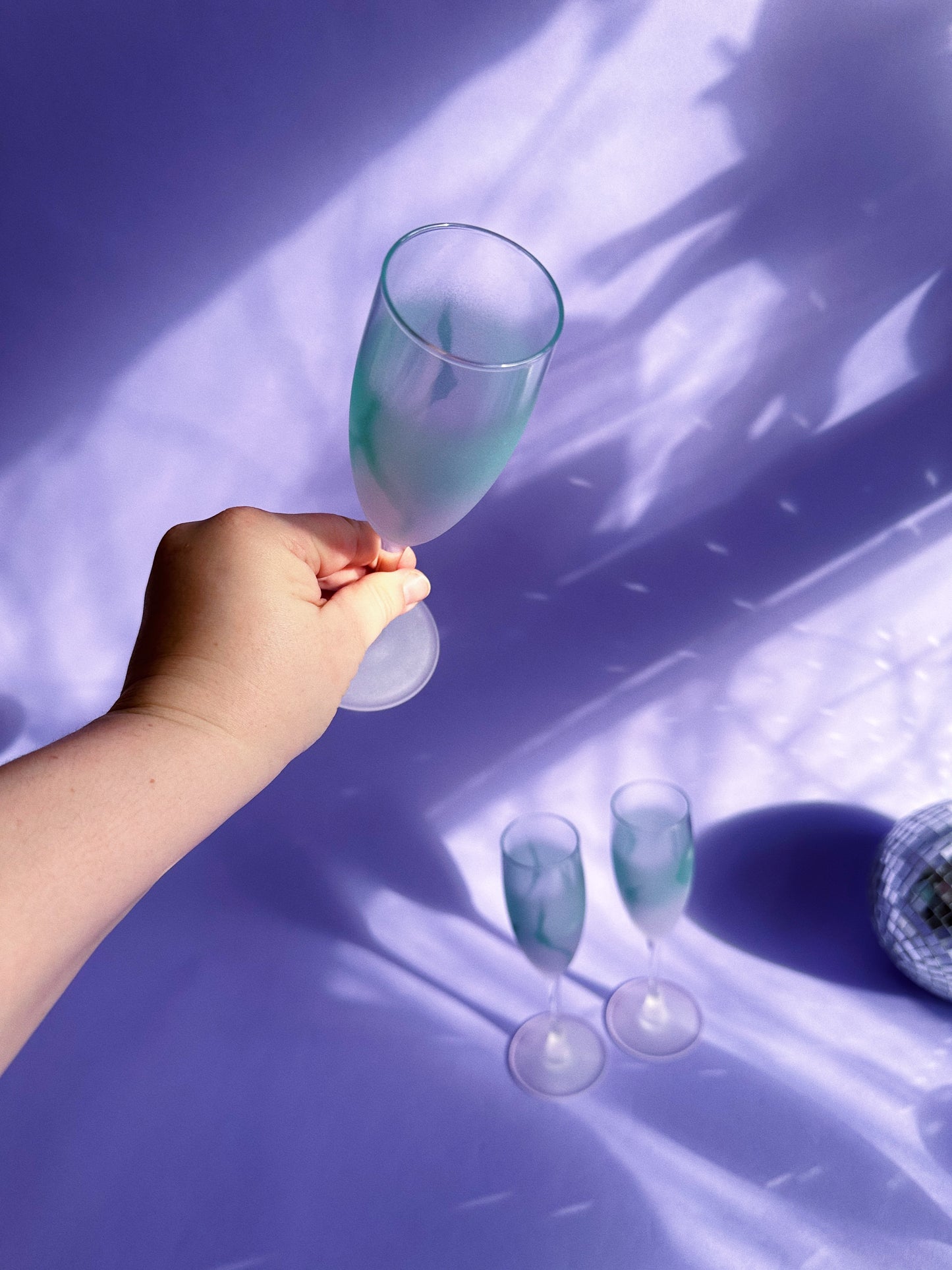 Vintage Teal & Purple Frosted Watercolour Luminarc France Champagne Flutes