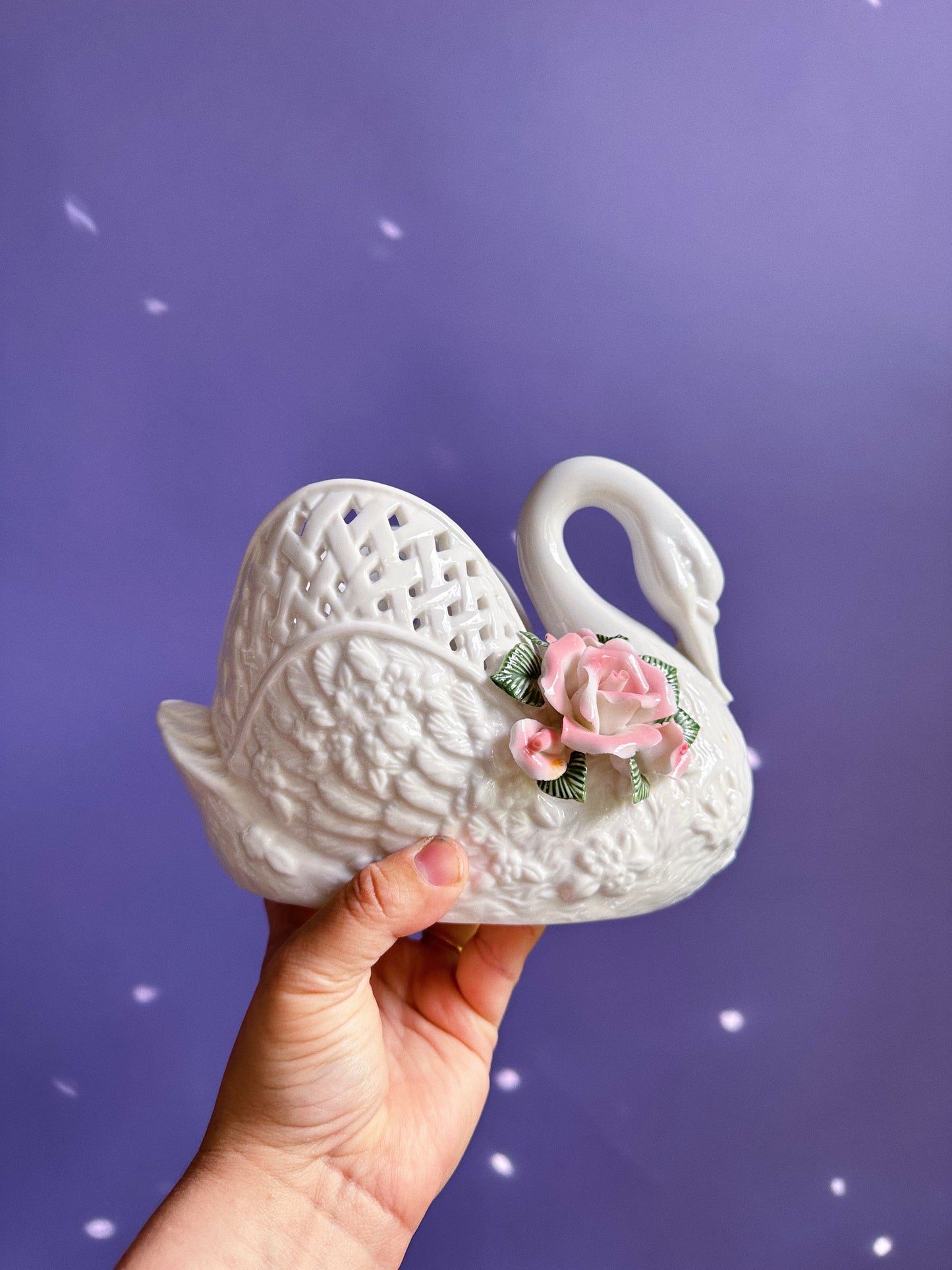 Vintage Porcelain Swan Planter w/ 3D Floral Decor
