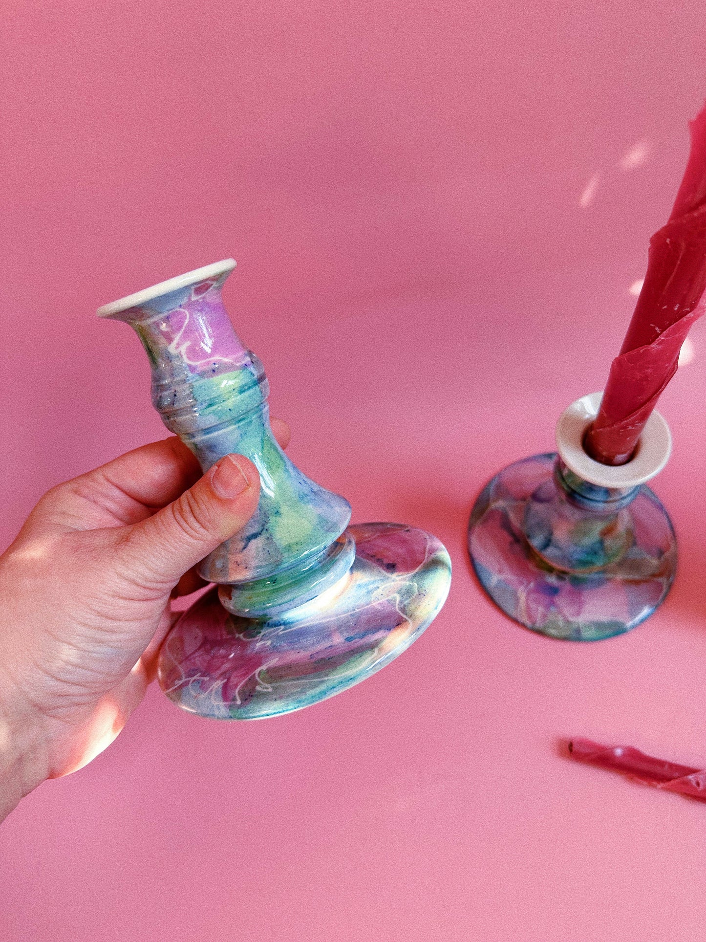 Vintage Ceramic Watercolour Glazed Candlesticks