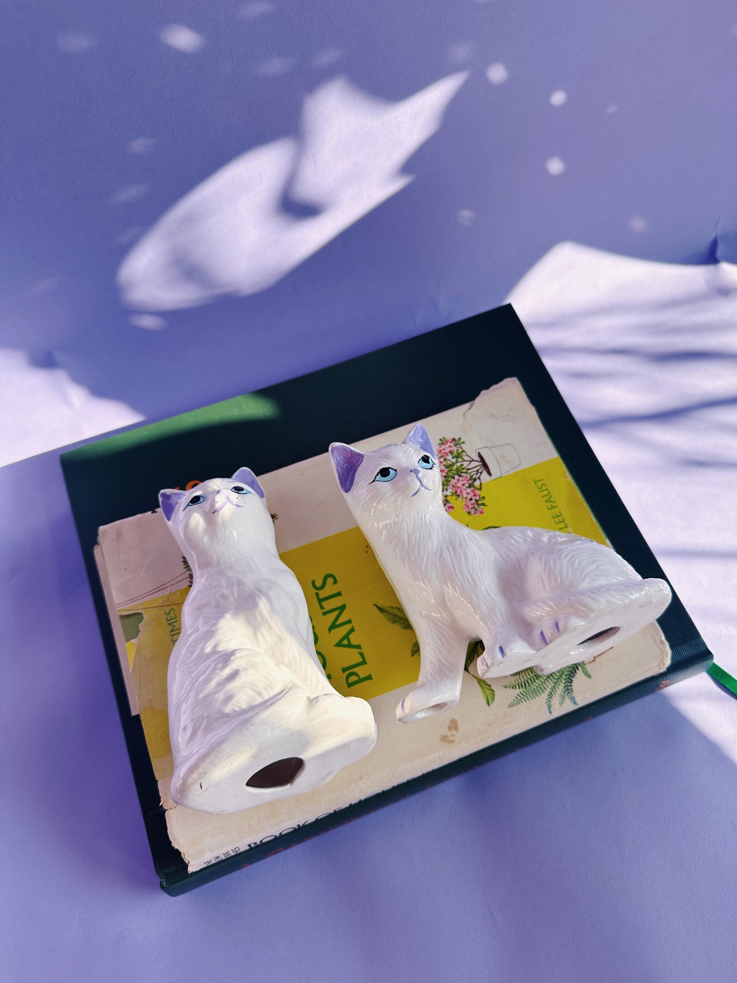 Vintage Pair of Ceramic White Cat Sculptures w Purple Details