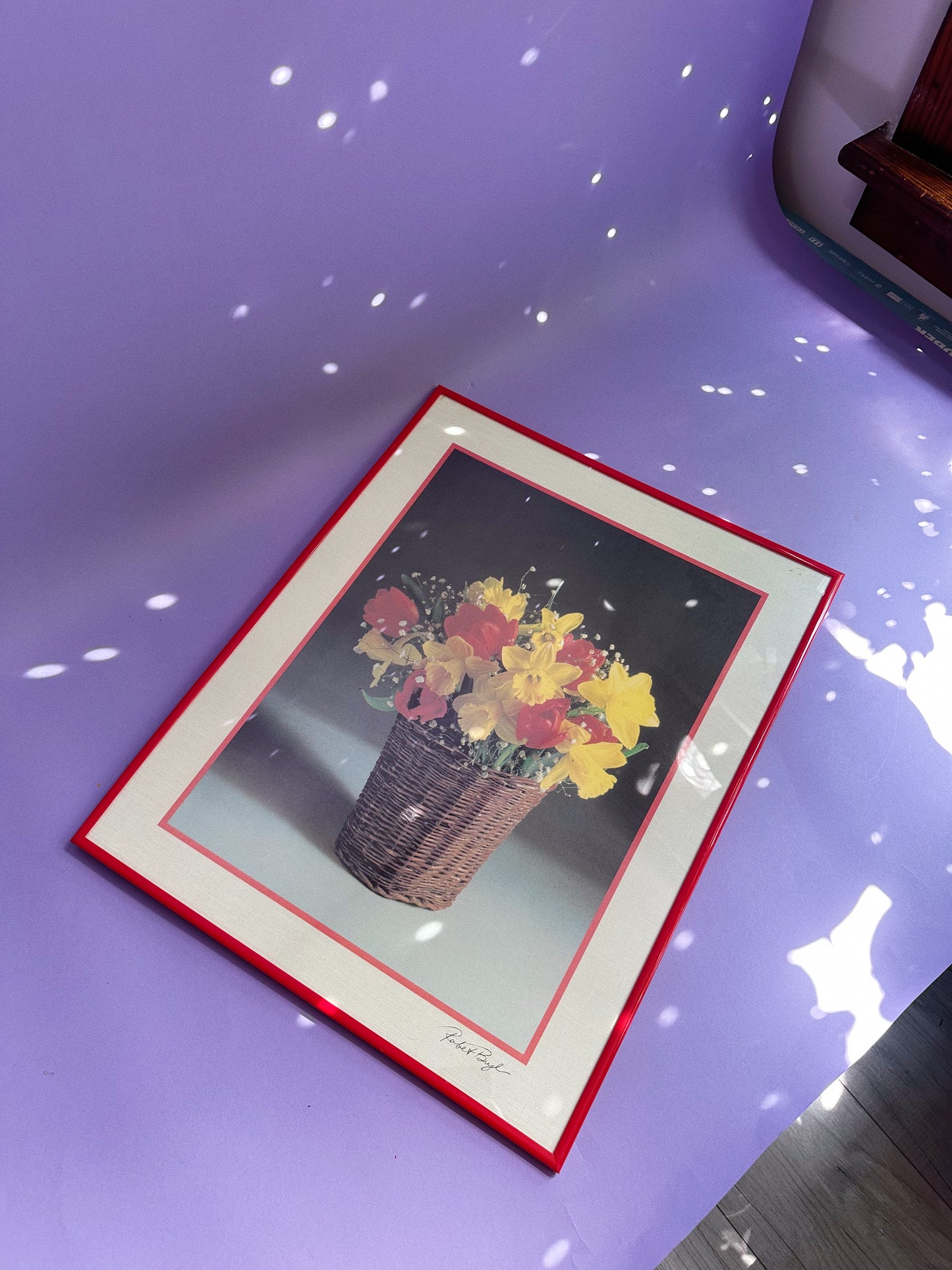 Vintage 80s Post Modern Red Framed Floral Print Wall Hanging