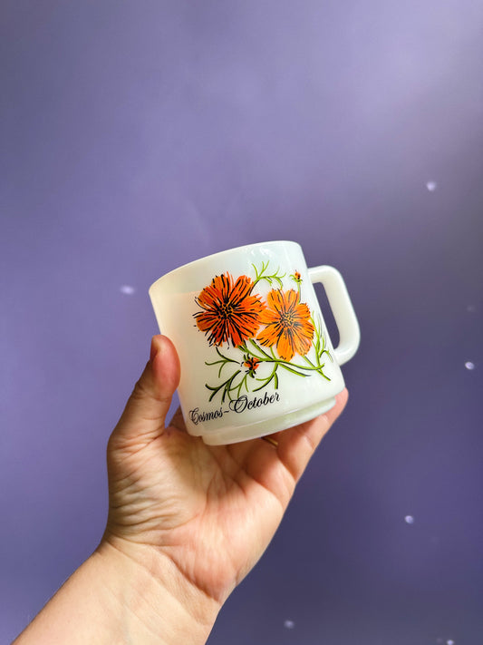 Vintage Brockway Flower of the Month Milk Glass Mug Cosmos October