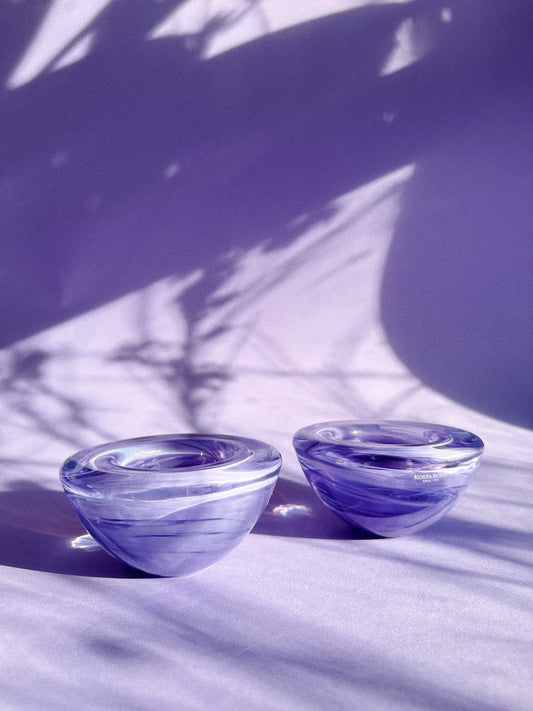 Pair Of Kosta Boda Purple Swirl Candle Votive Holders