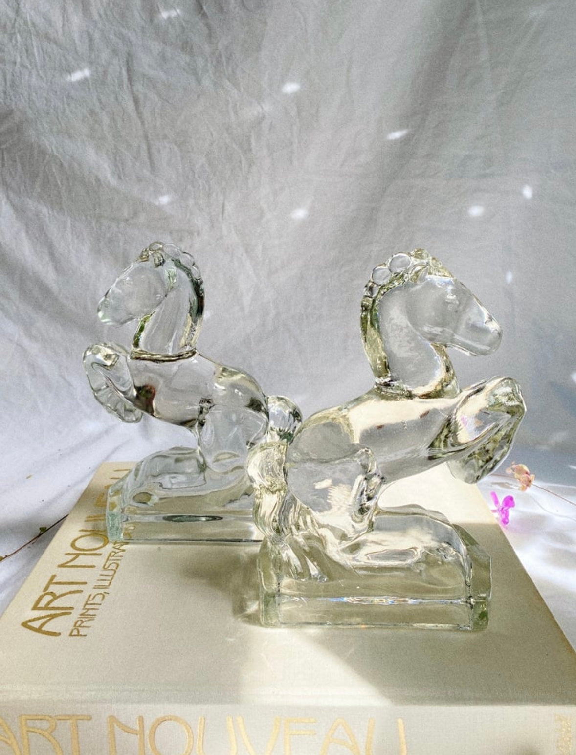 Heavy Clear Glass Vintage Rearing Horse Bookends