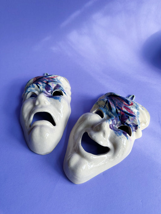 Vintage Handmade Drama Masks Wall Hanging Decor Pottery
