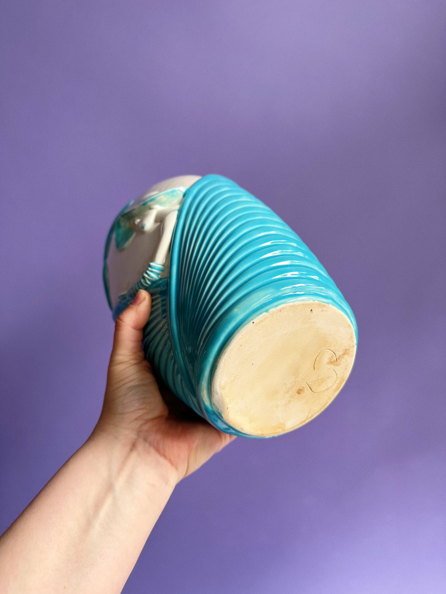 1980s Blue & White Art Deco Revival Ceramic Floral Vase