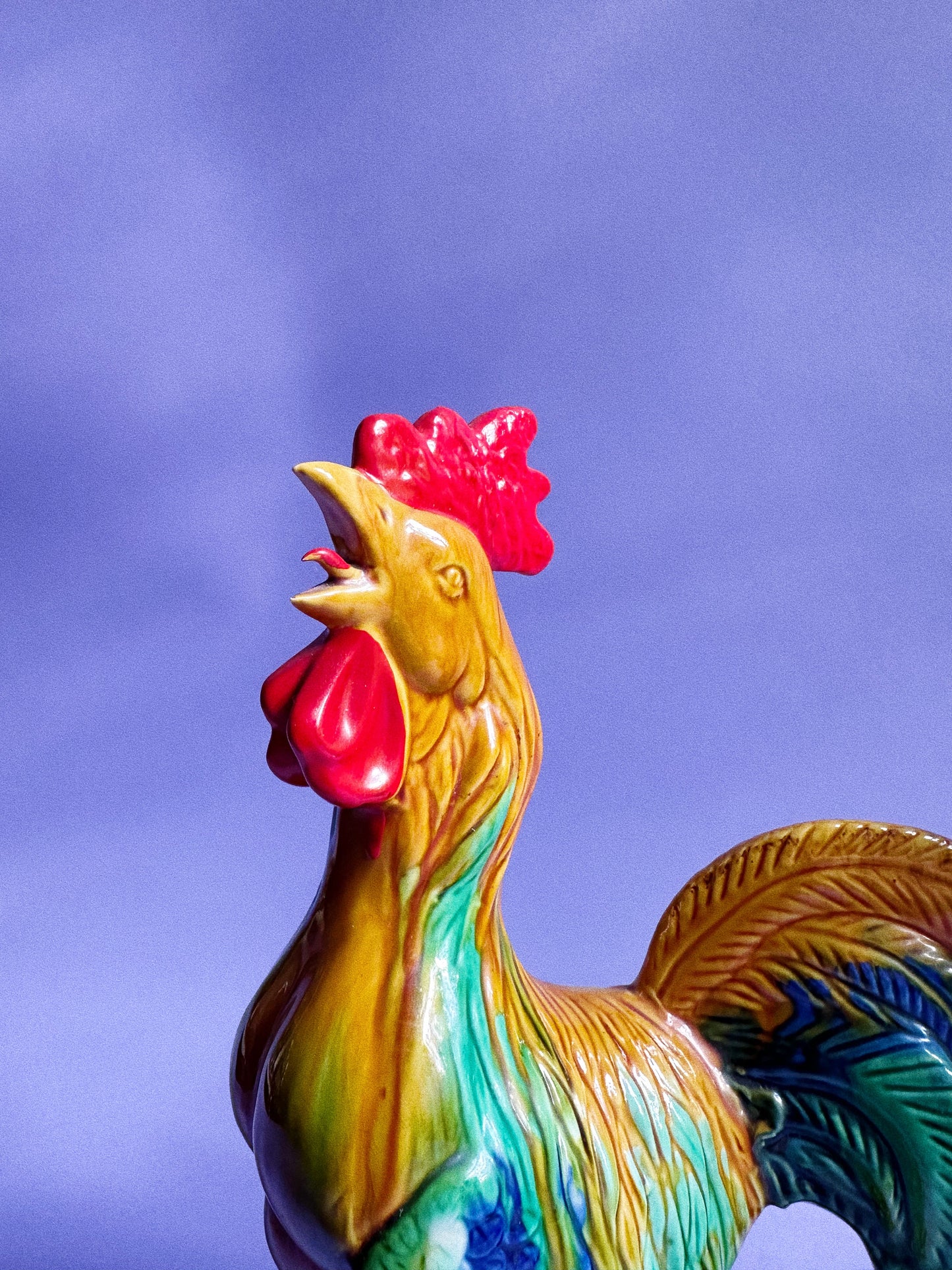 Pair Of 12” Majolica Glazed Bright Ceramic Roosters