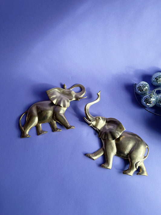 Vintage Brass Wall Hanging Elephant Pair