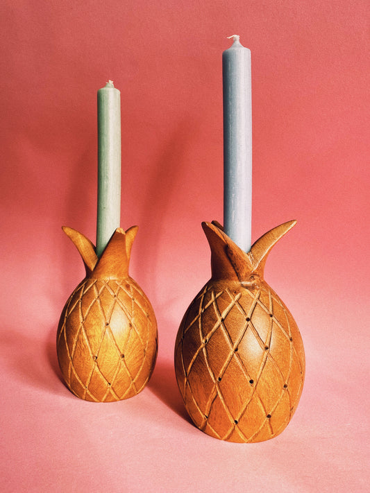 Pair of MCM Solid Handcrafted Pineapple Wood Candle Holders