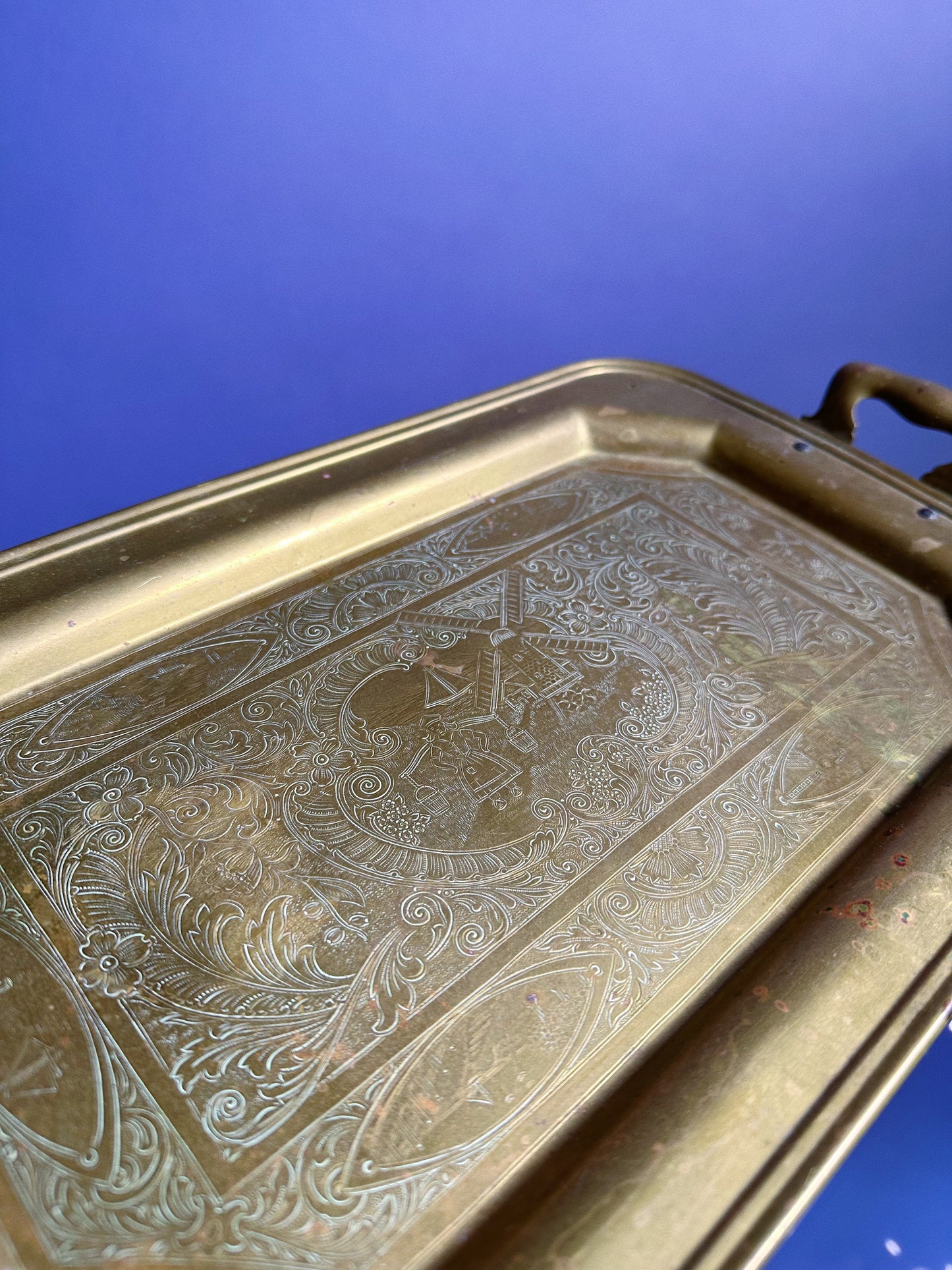 Antique Patina Brass Tea Tray Etched Dutch Girl Scene With Handles