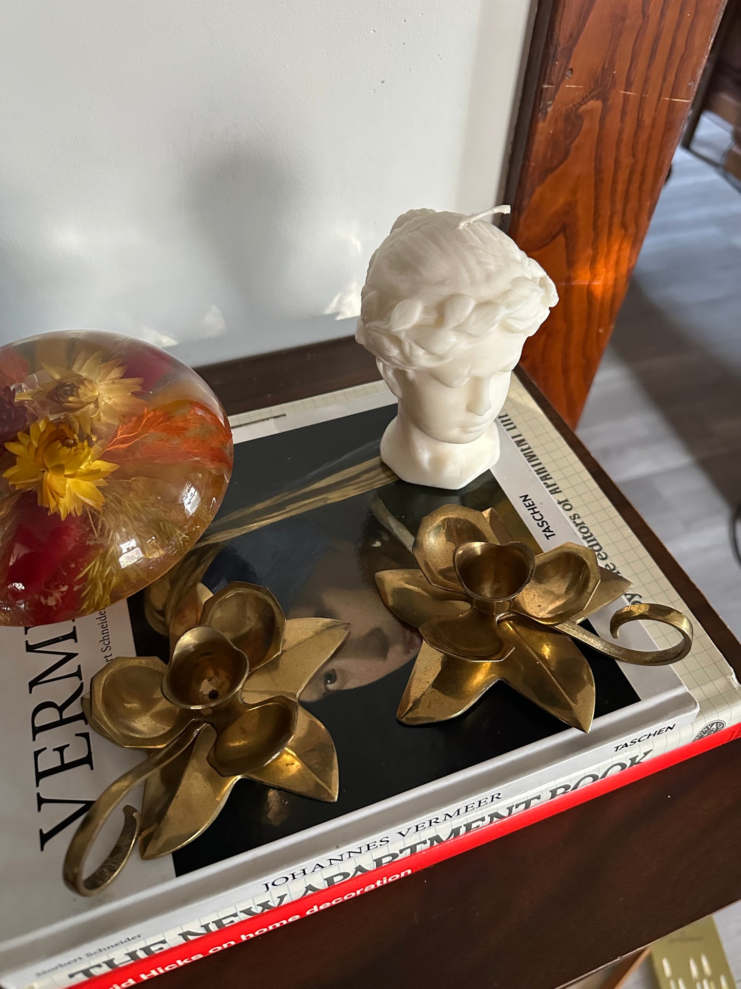 Vintage Pair of Brass Flower Candle Holders Chamber Candlesticks w Finger Loops