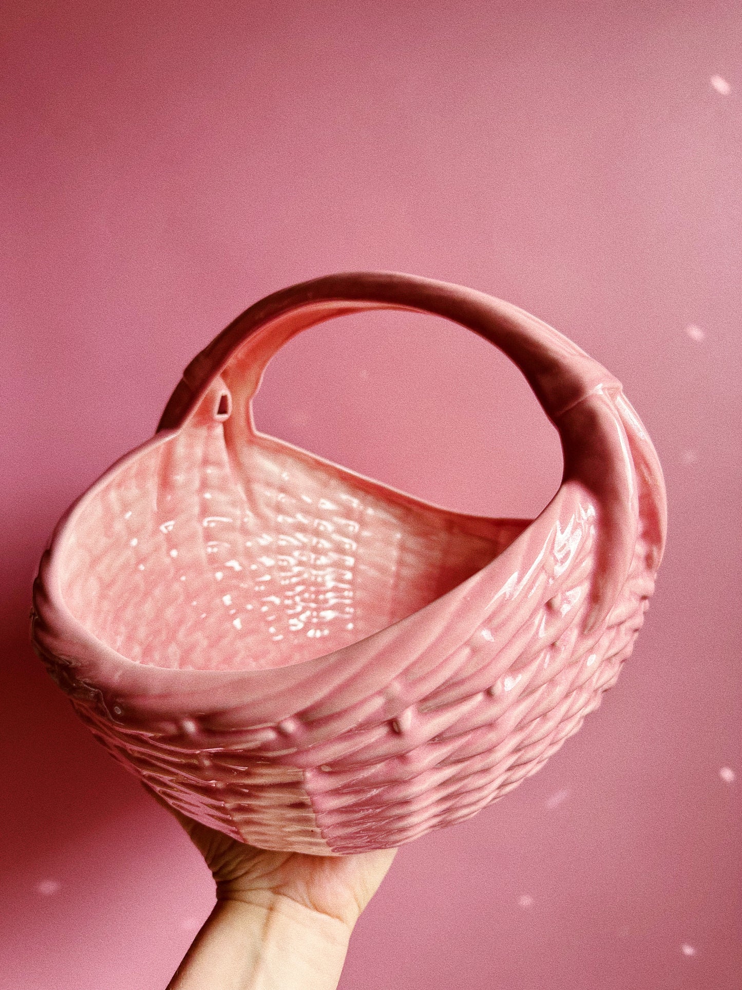 Large Vintage Ceramic Weaved Pink Basket