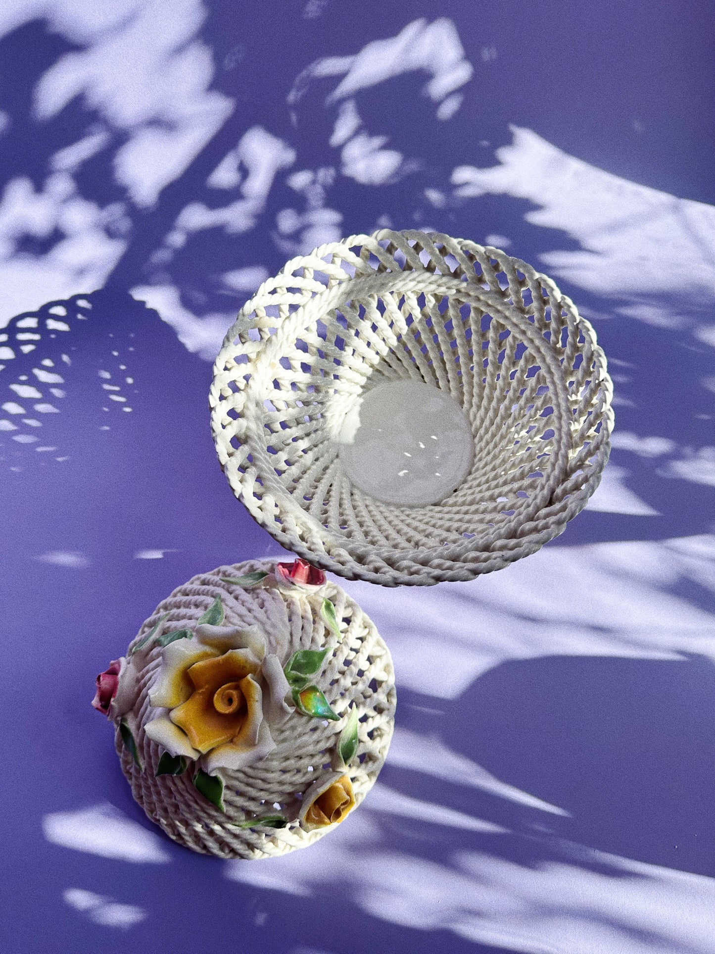 Vintage Lidded Capodimonte Weaved Basket Dish