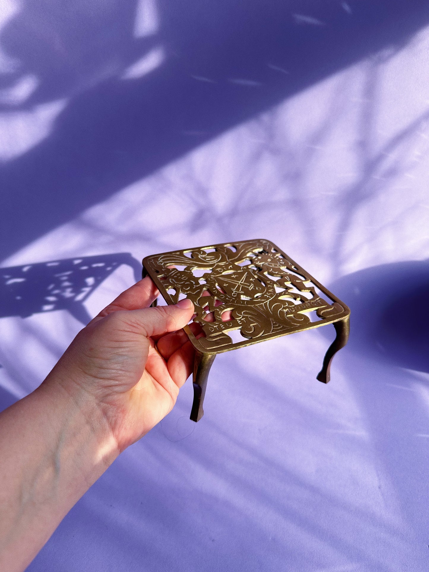 Antique Brass Tea Pot Stand, Royal Coat of Arms Design Vintage Solid