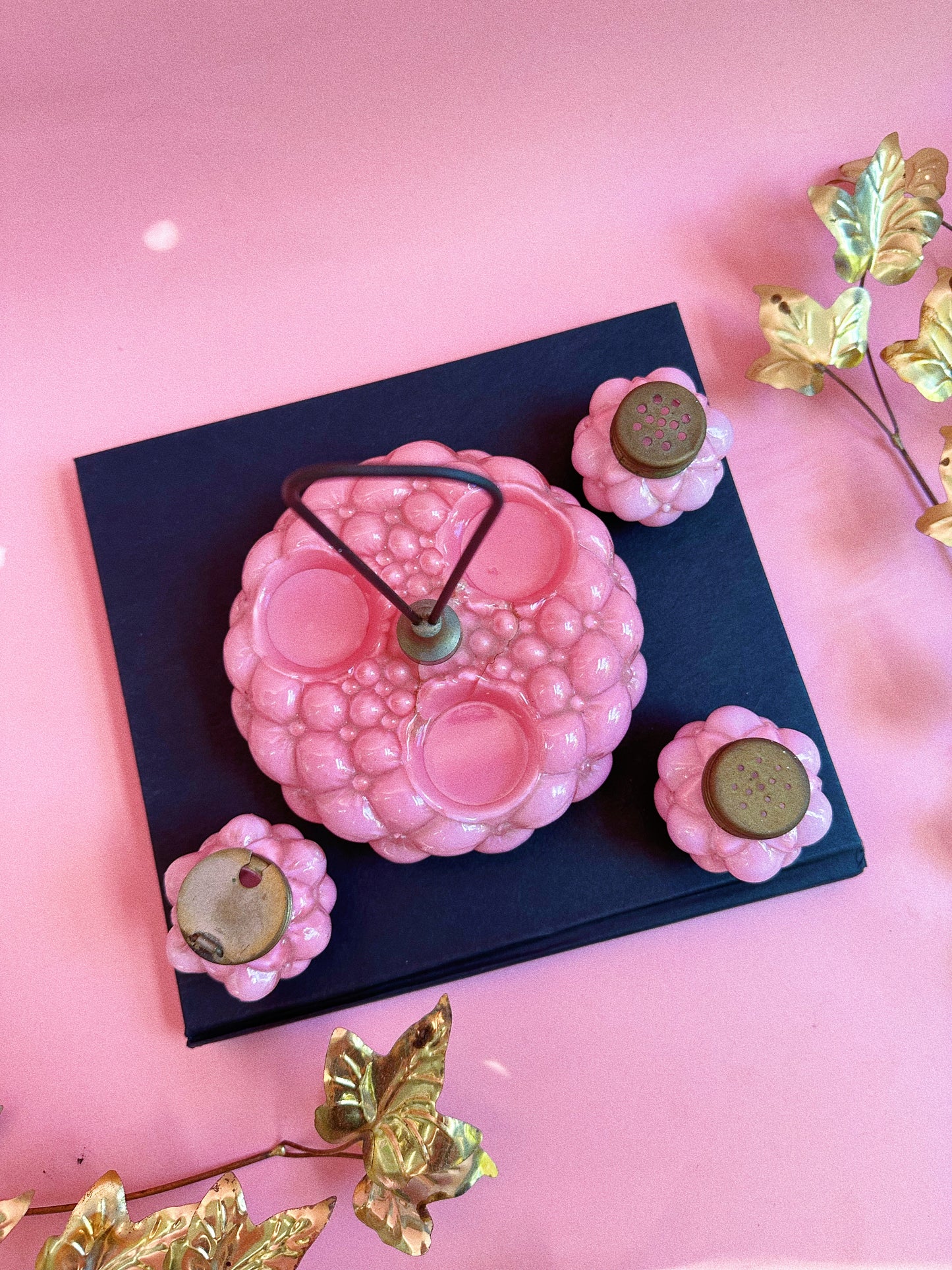 EAPG Condiment Set Pink Bulging Petal Consolidated Lamp & Glass Co. 1895