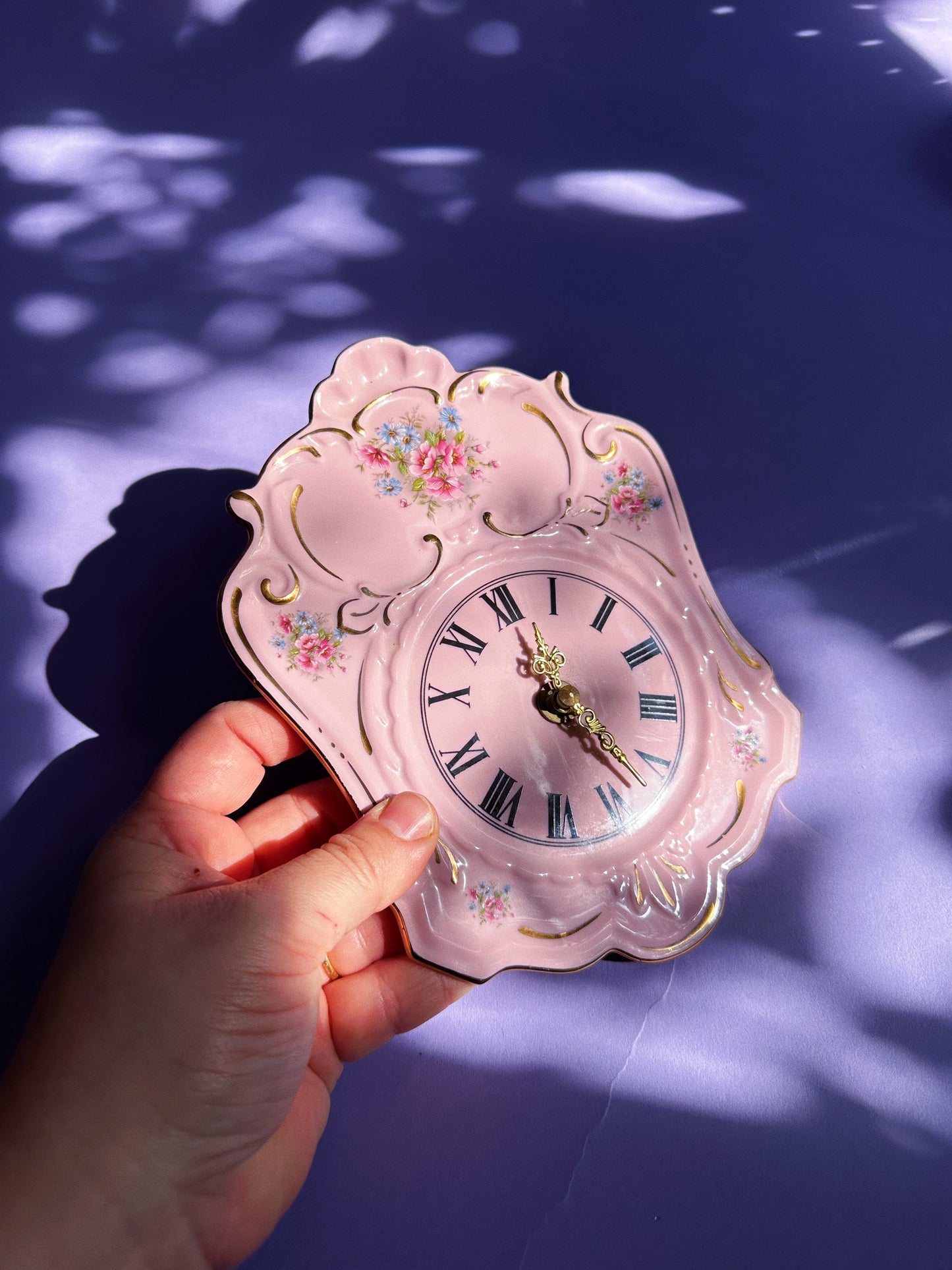 Vintage Czech Elegant Pink Porcelain Floral Wall Clock