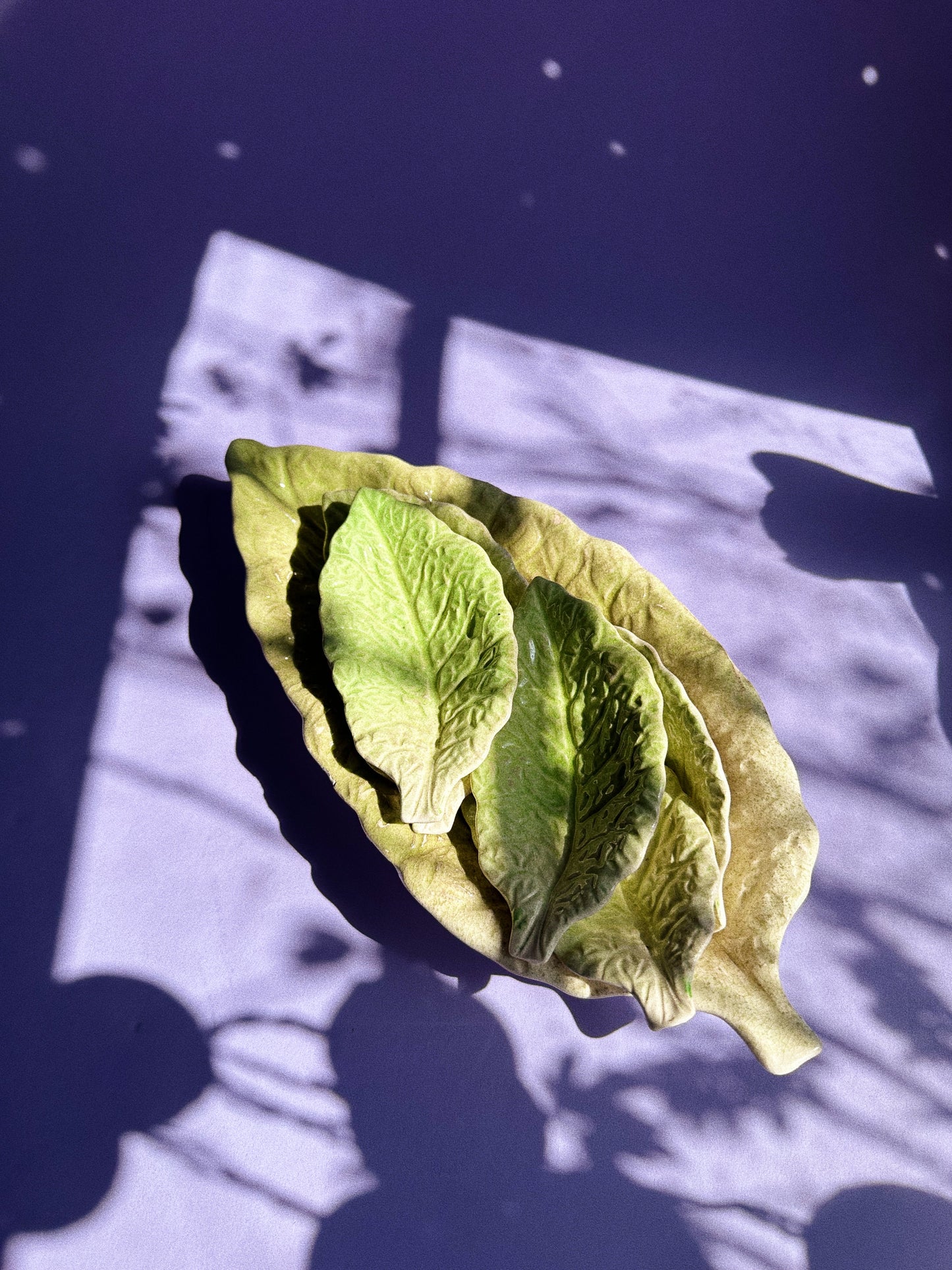Vintage Majolica Green Leaf Lettuce Cabbage Snack Tray + 6 Leaf Dishes Japan