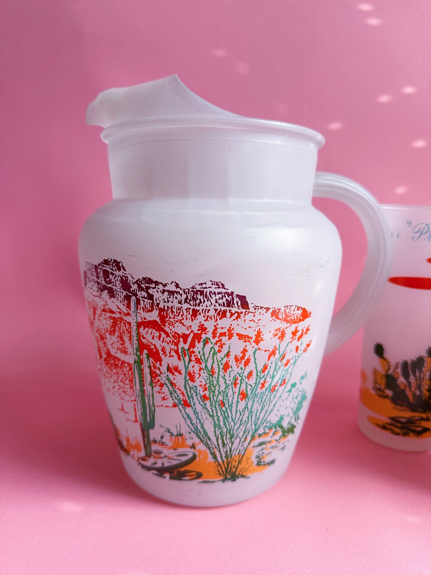Vintage MCM Blakely Oil & Gas Arizona Frosted 5 Tumbler Glasses & Pitcher Cacti