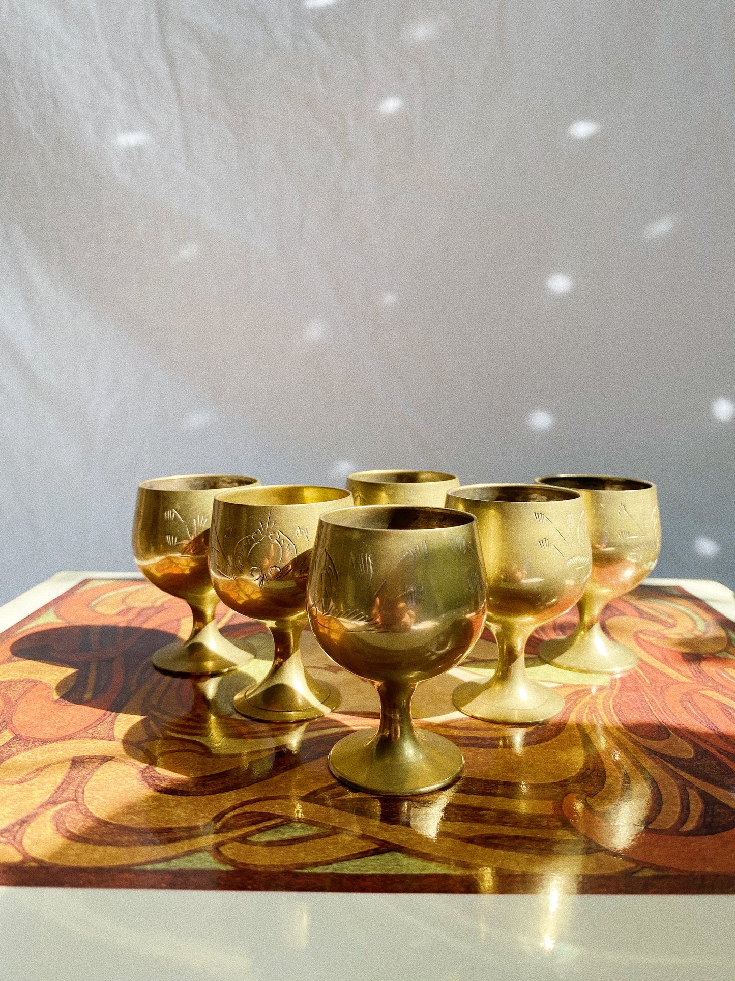 Set of 6 Vintage Etched Brass Footed Shot / Liquor Glasses