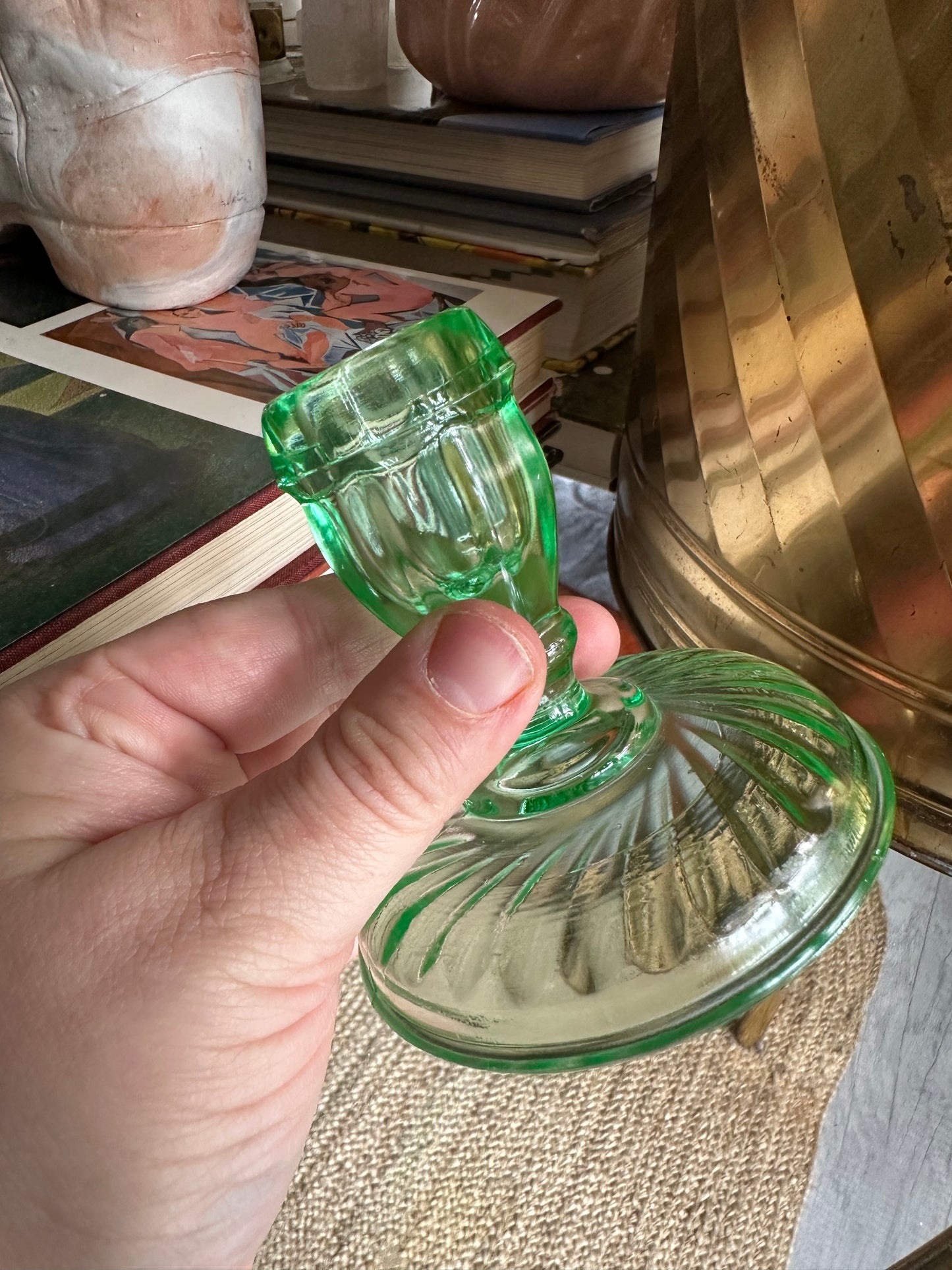 3.5” Single Light Twisted Optic Green Candlestick Uranium 1920s, 30s